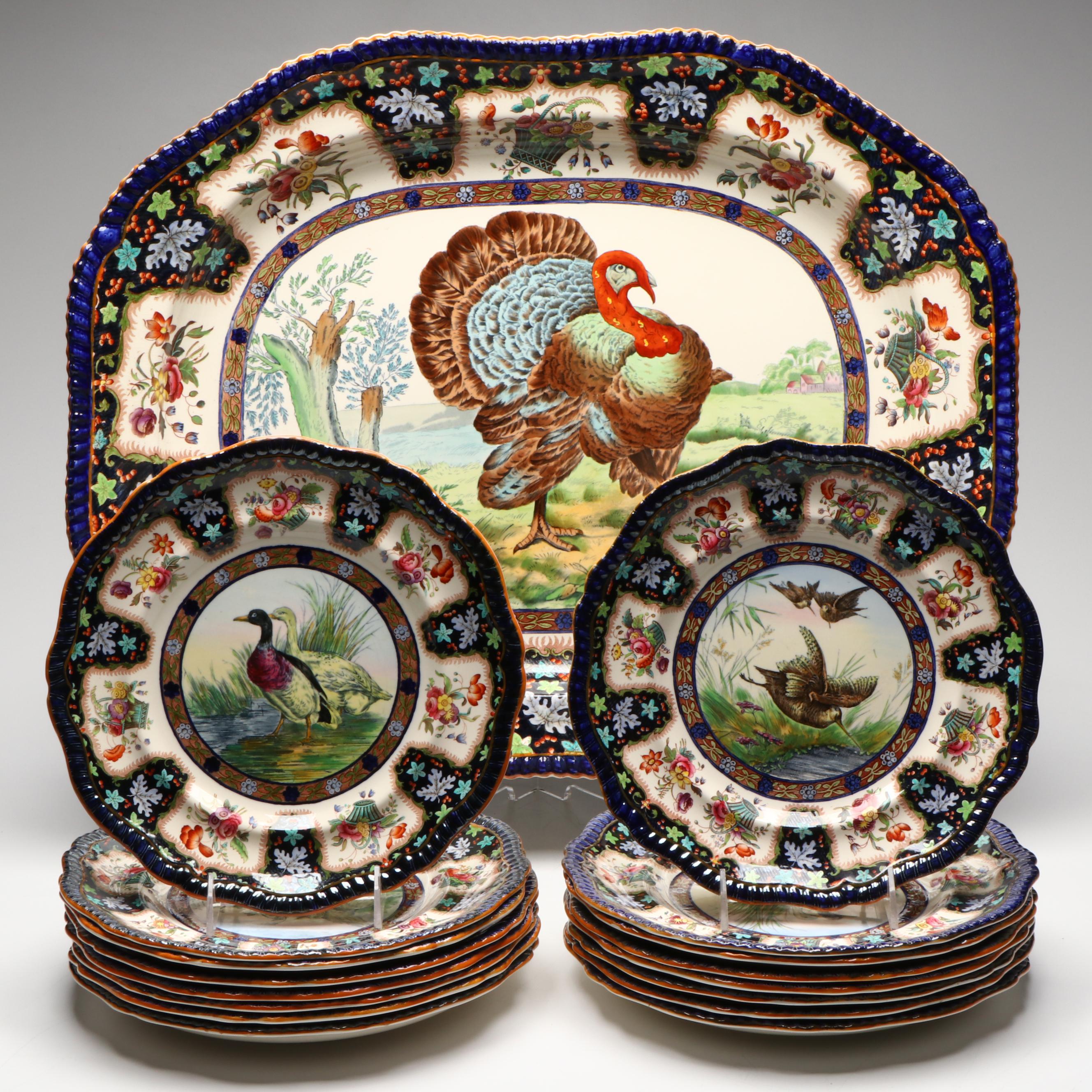 Copeland Spode "Upland Game" Hand-Tinted Turkey Platter and Game Bird Plates