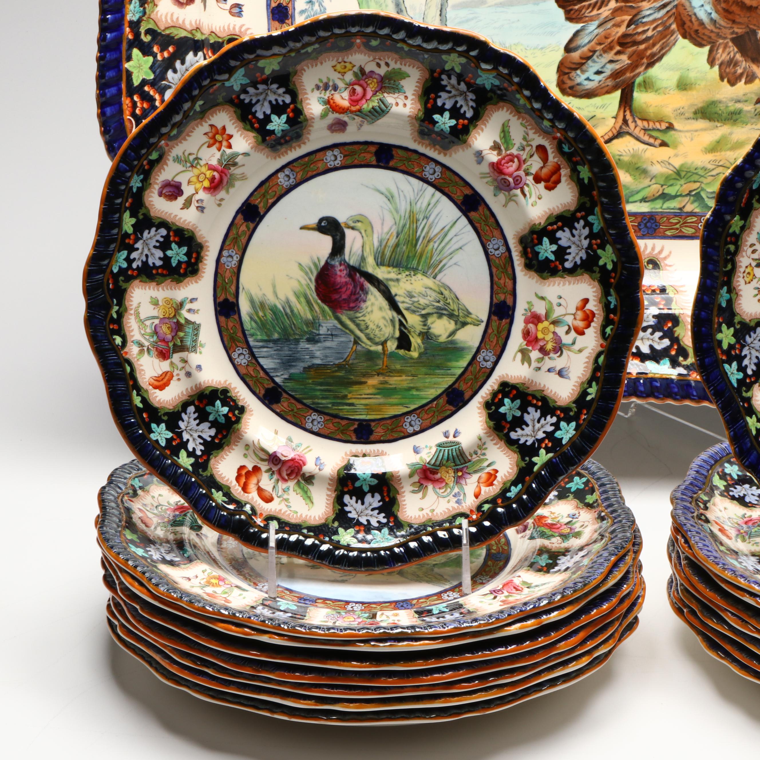 Copeland Spode "Upland Game" Hand-Tinted Turkey Platter and Game Bird Plates