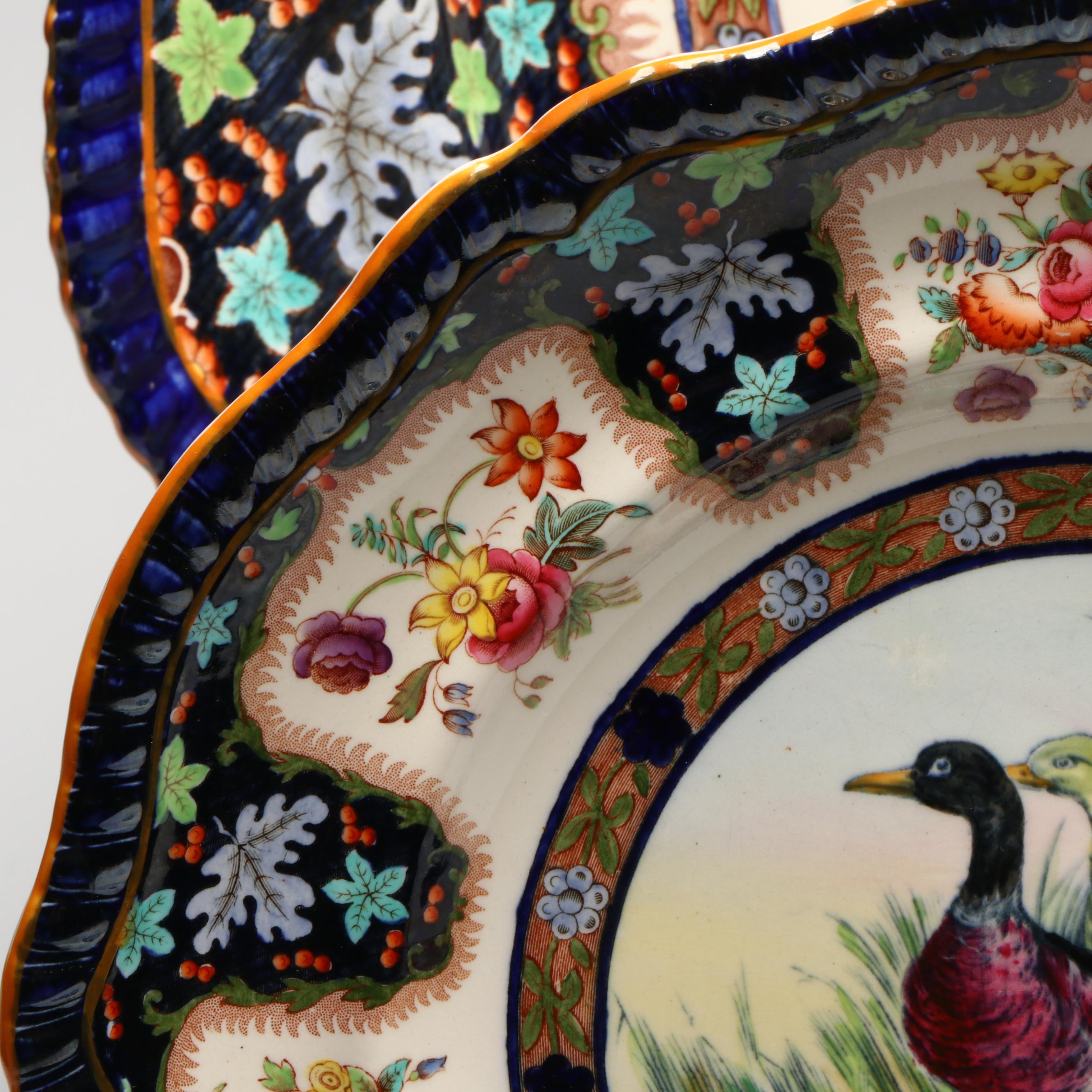 Copeland Spode "Upland Game" Hand-Tinted Turkey Platter and Game Bird Plates