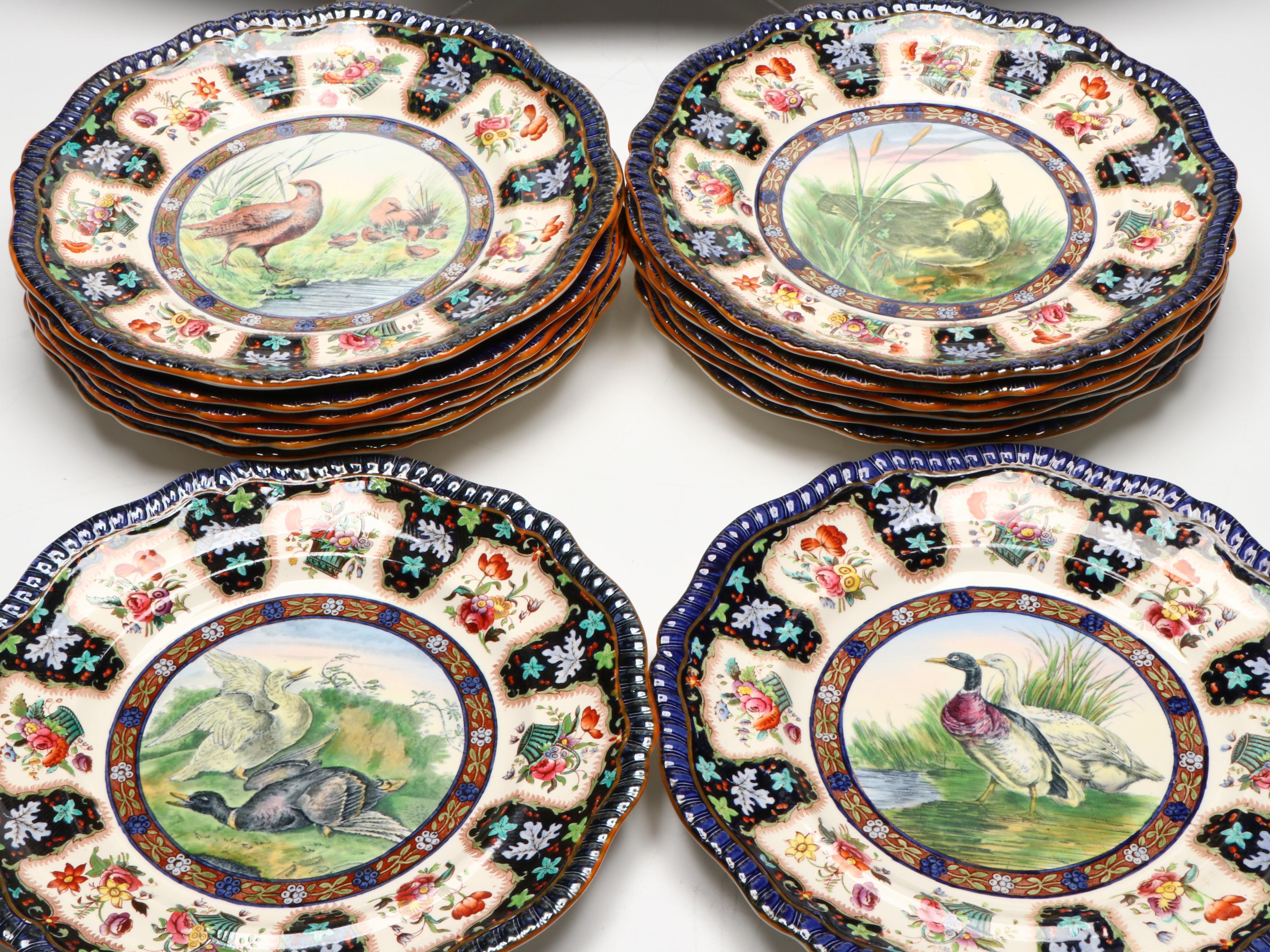Copeland Spode "Upland Game" Hand-Tinted Turkey Platter and Game Bird Plates