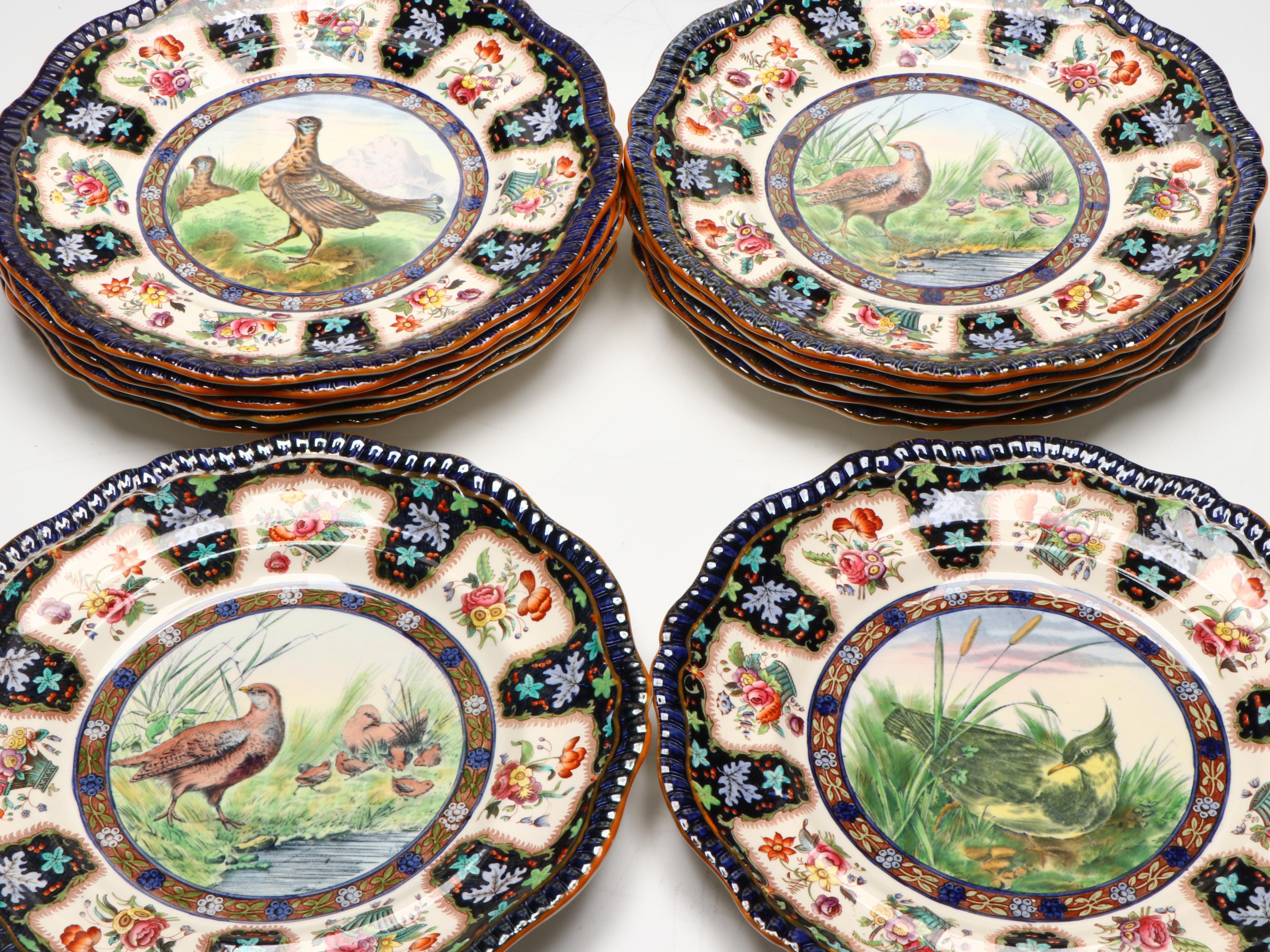Copeland Spode "Upland Game" Hand-Tinted Turkey Platter and Game Bird Plates