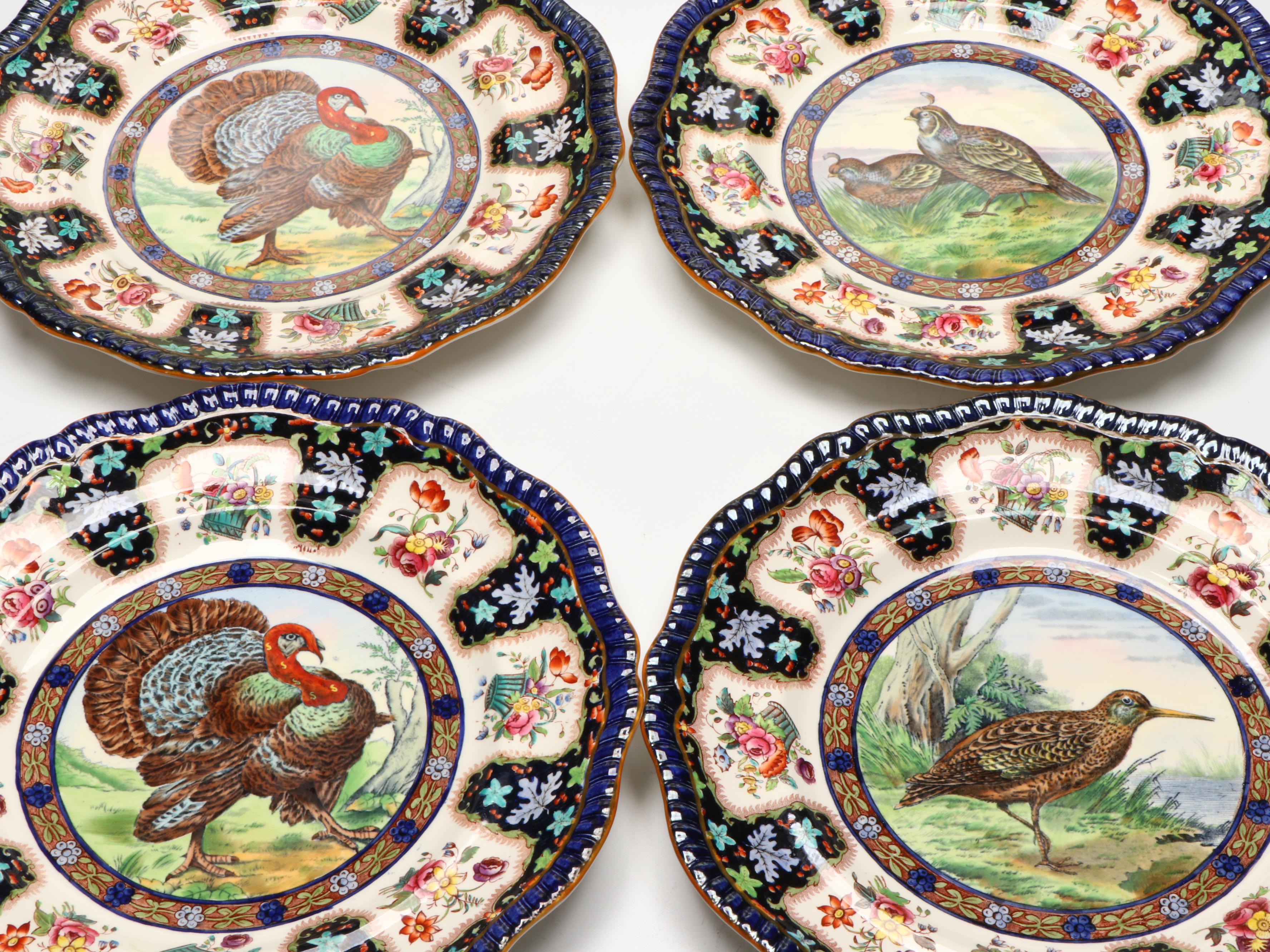 Copeland Spode "Upland Game" Hand-Tinted Turkey Platter and Game Bird Plates