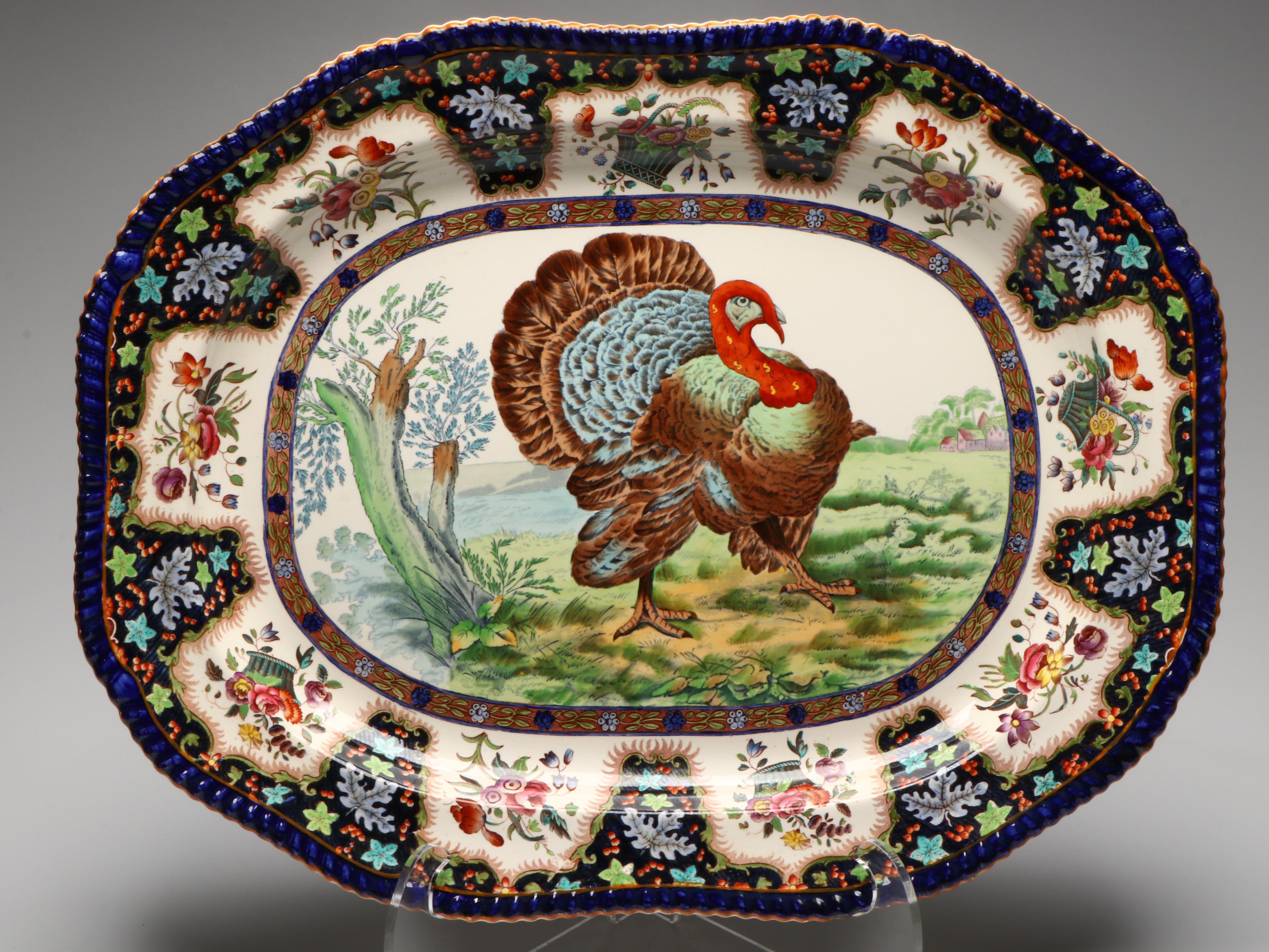 Copeland Spode "Upland Game" Hand-Tinted Turkey Platter and Game Bird Plates