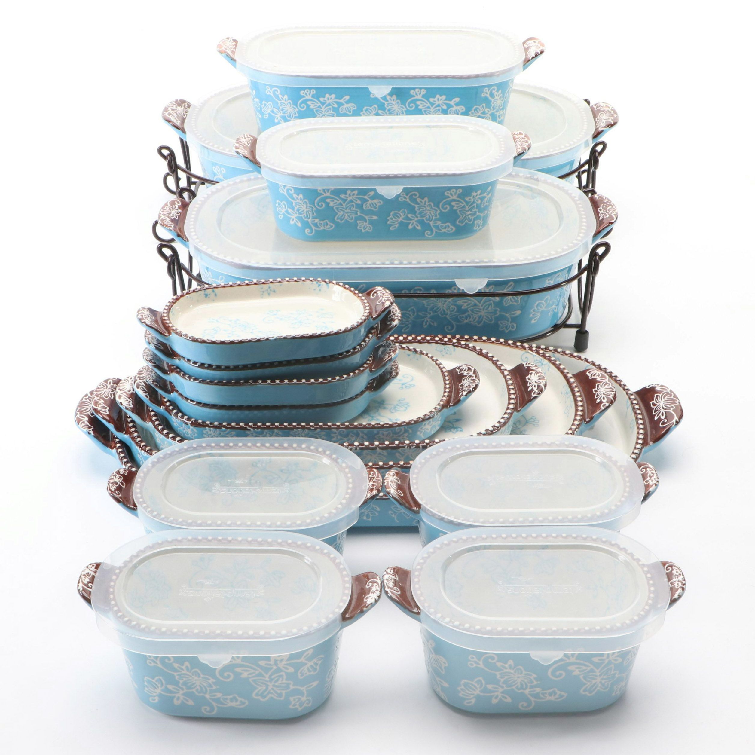 Temptations by Tara "Floral Lace" Ceramic Bakeware with Lids and Racks