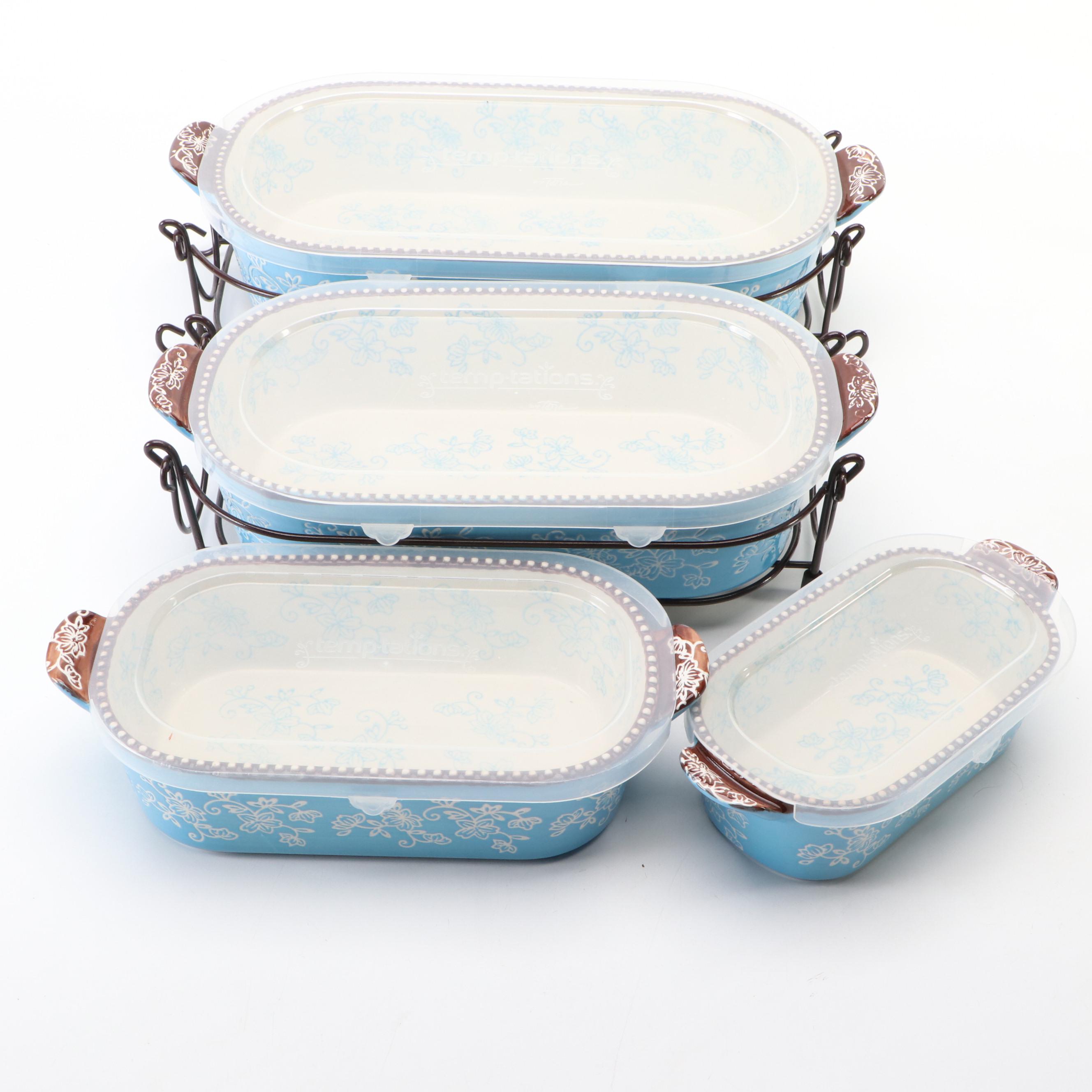 Temptations by Tara "Floral Lace" Ceramic Bakeware with Lids and Racks