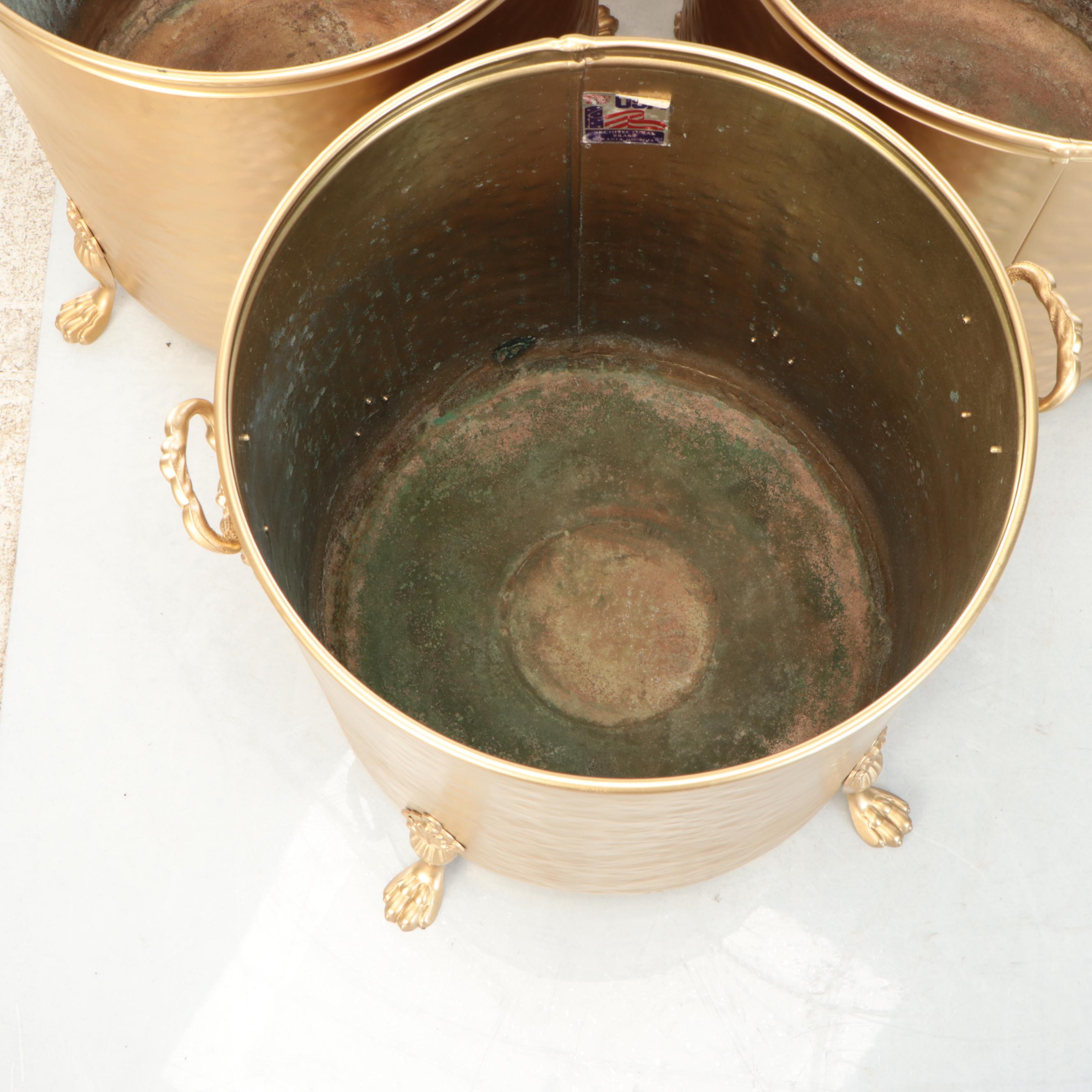 Set of Five Georgian Style Hammered Brass Planters with Paw Feet