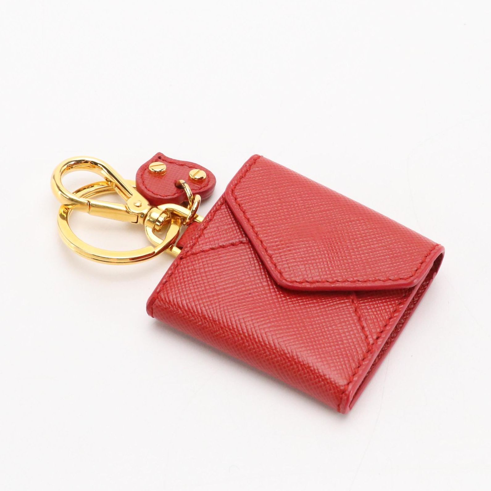 Prada Red Saffiano Leather Envelope Flap Heart Photo/Key Ring with Box