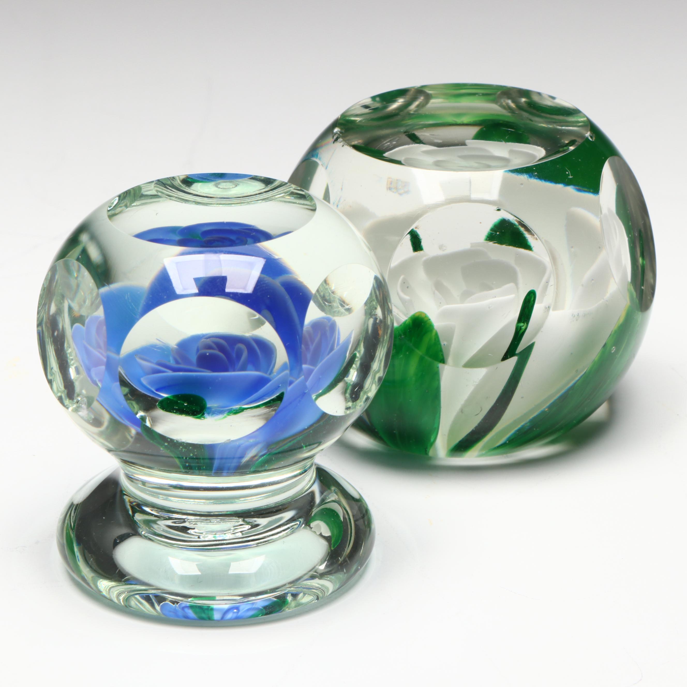 Robert Hamon and Pairpoint Handcrafted and Faceted Floral Art Glass Paperweights