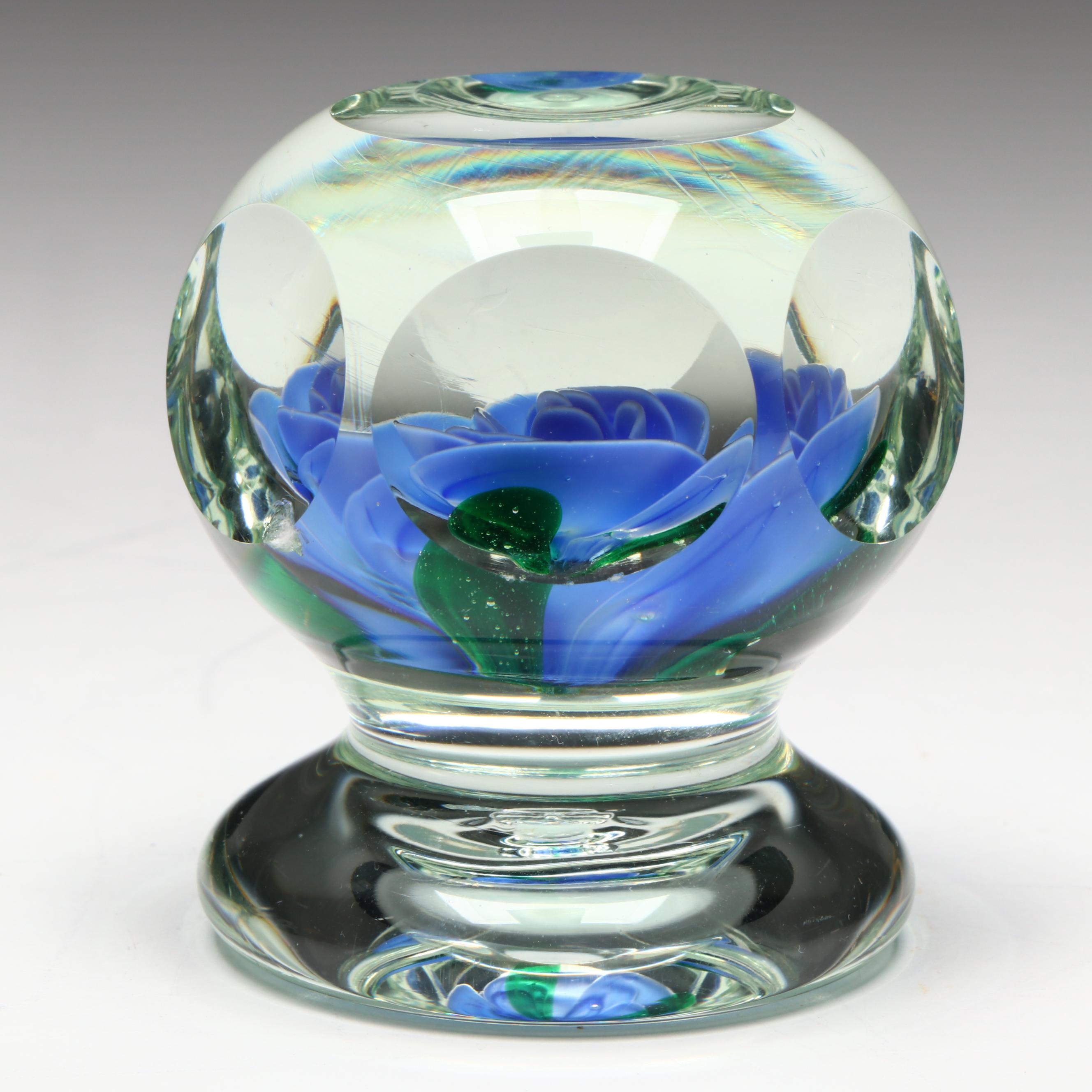 Robert Hamon and Pairpoint Handcrafted and Faceted Floral Art Glass Paperweights