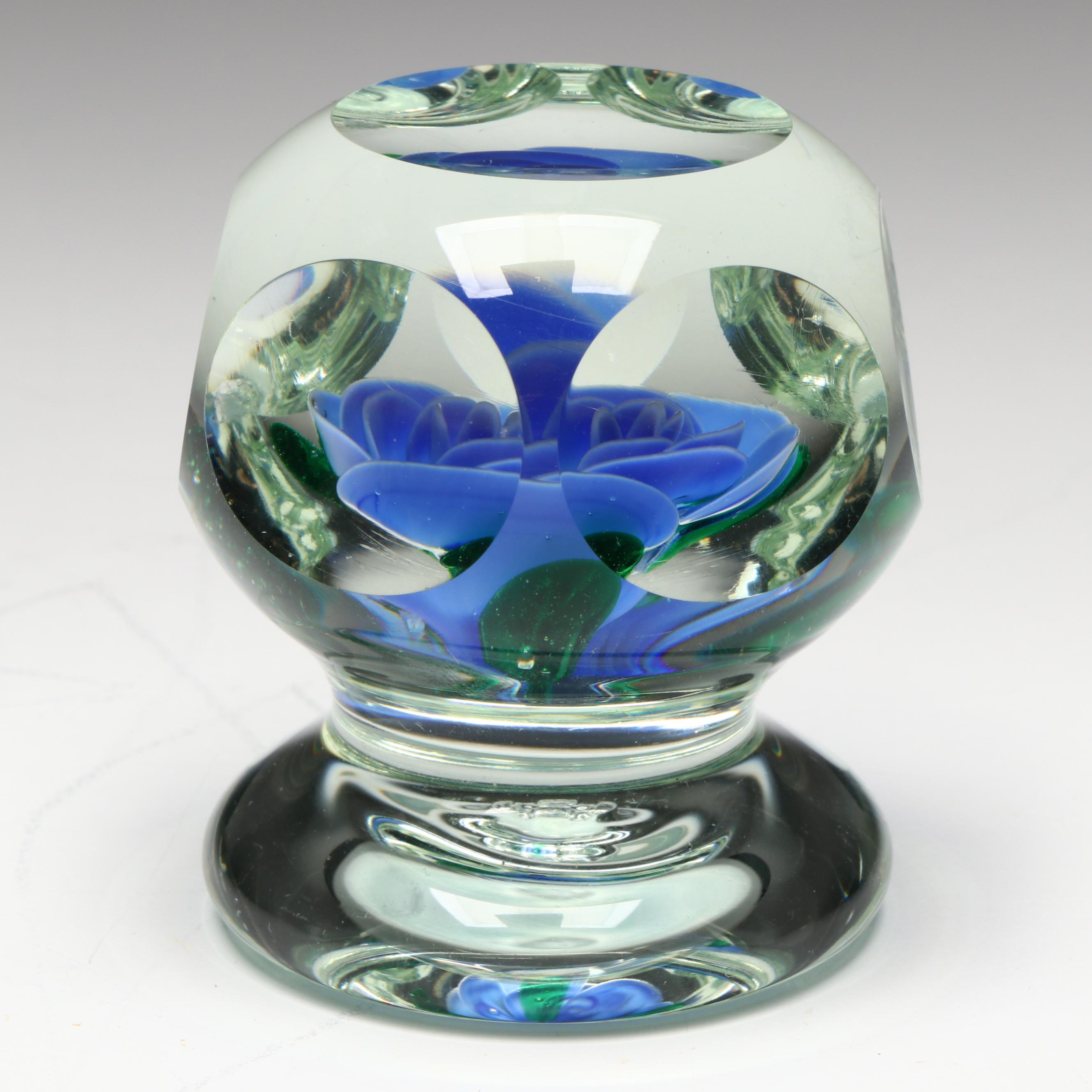 Robert Hamon and Pairpoint Handcrafted and Faceted Floral Art Glass Paperweights