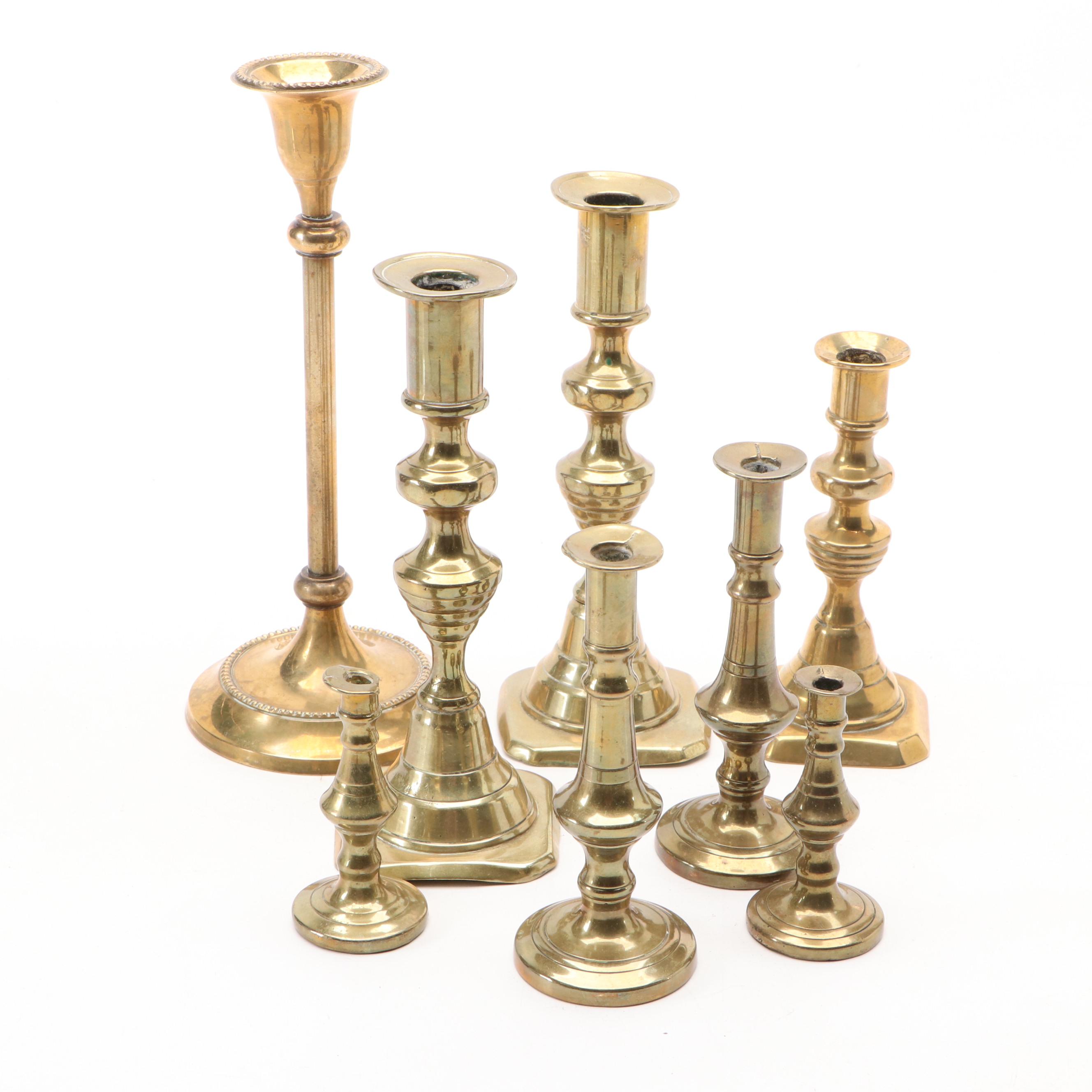 Brass Georgian and Victorian Candlesticks, Snuffer and More
