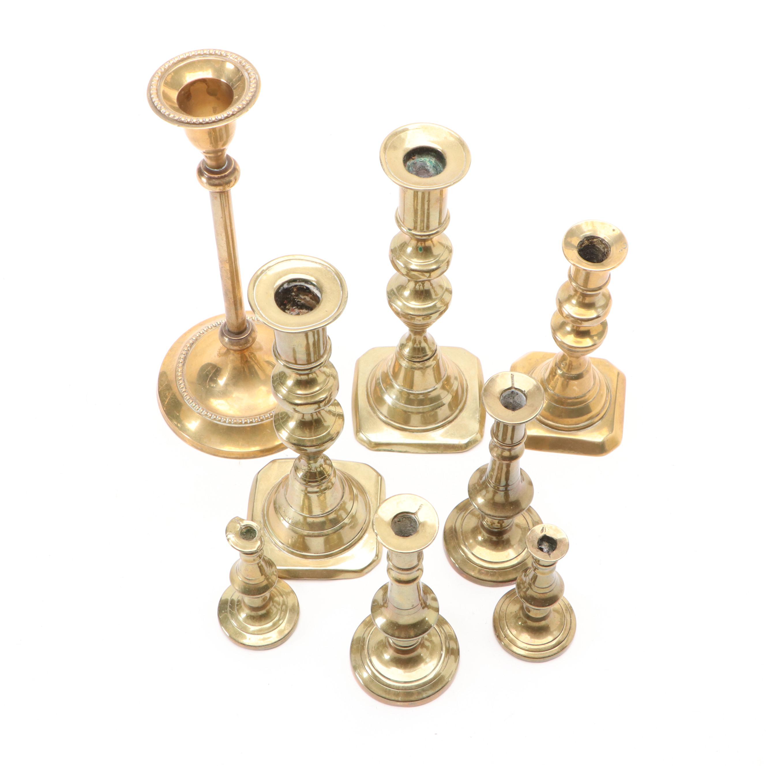 Brass Georgian and Victorian Candlesticks, Snuffer and More