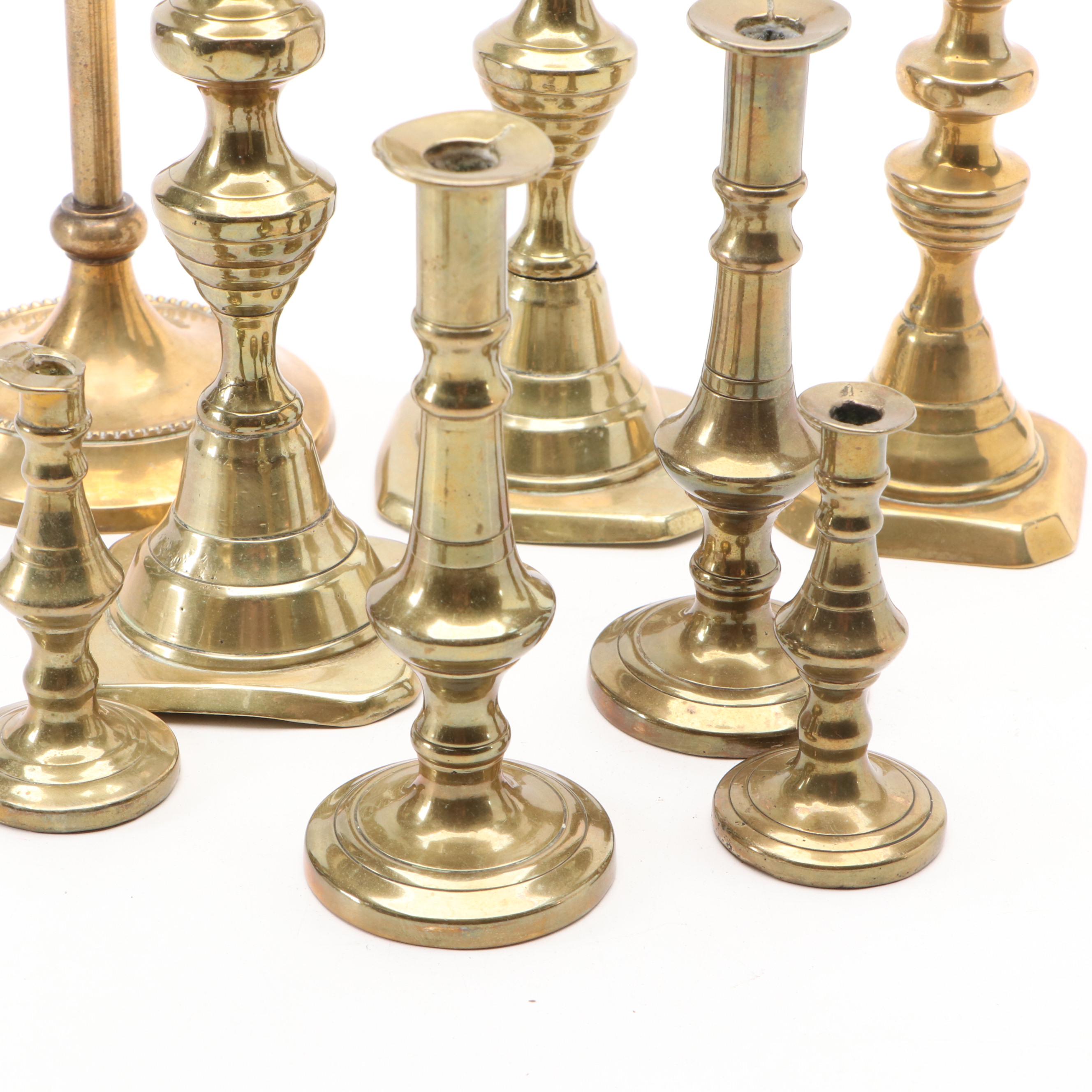 Brass Georgian and Victorian Candlesticks, Snuffer and More
