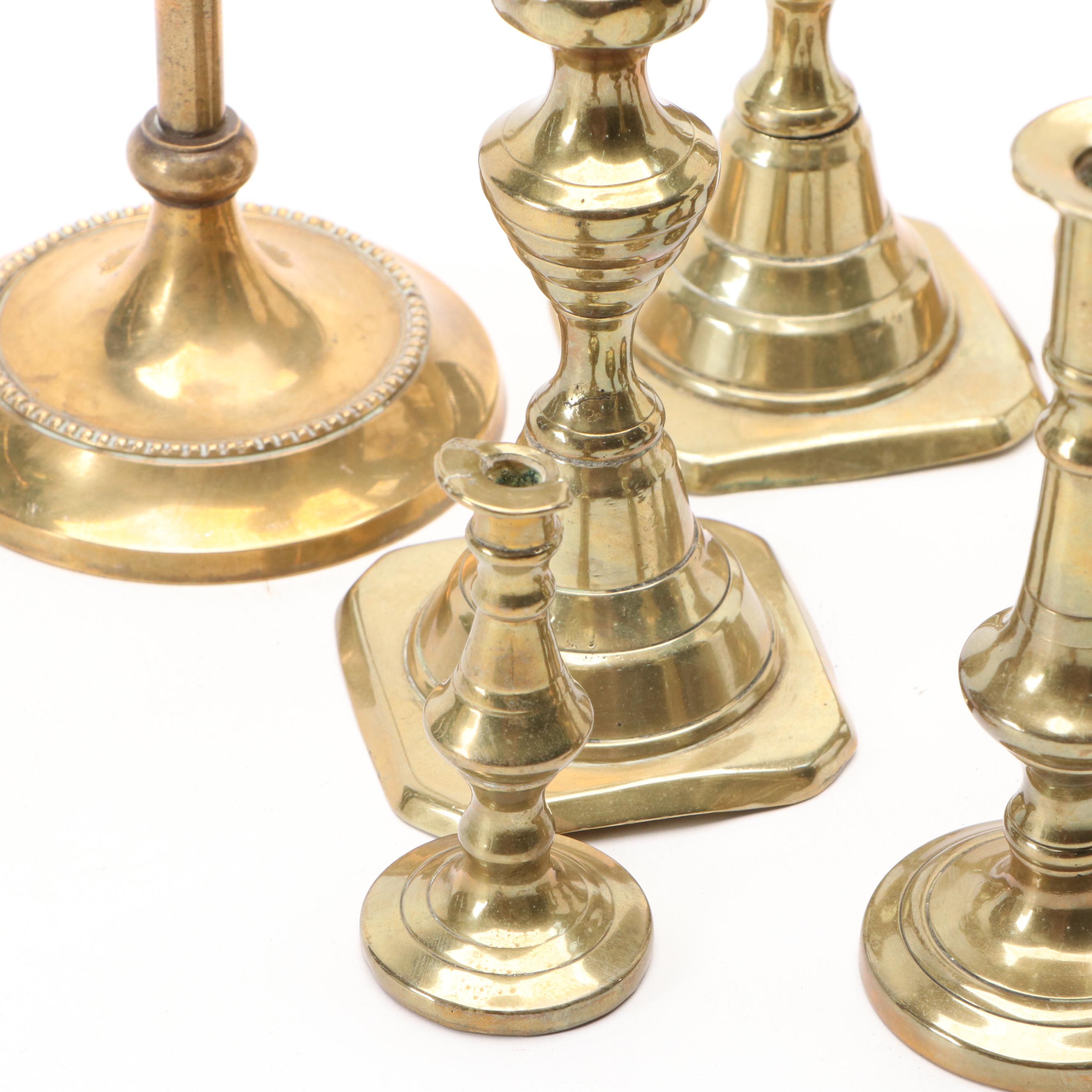 Brass Georgian and Victorian Candlesticks, Snuffer and More