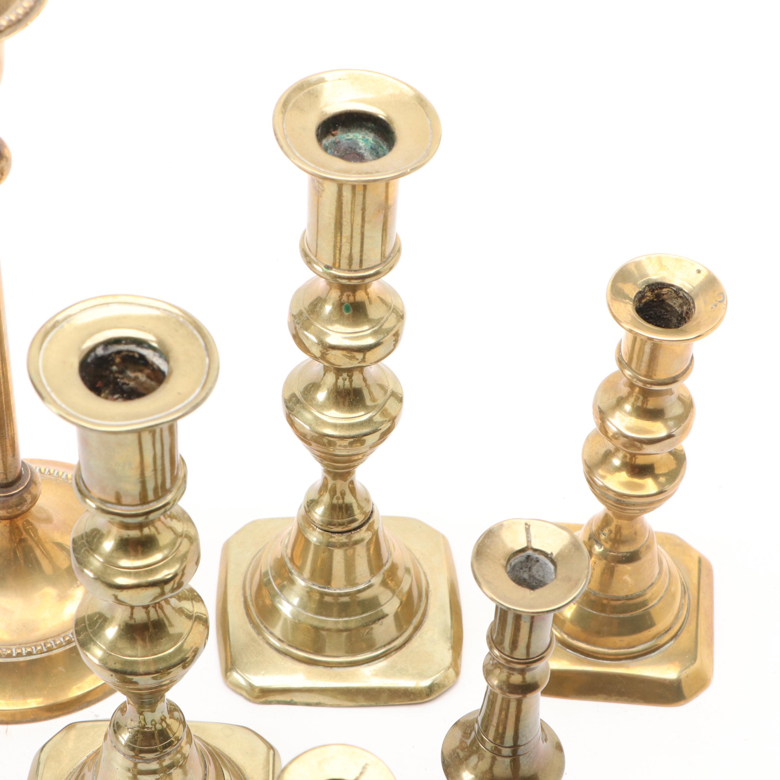 Brass Georgian and Victorian Candlesticks, Snuffer and More