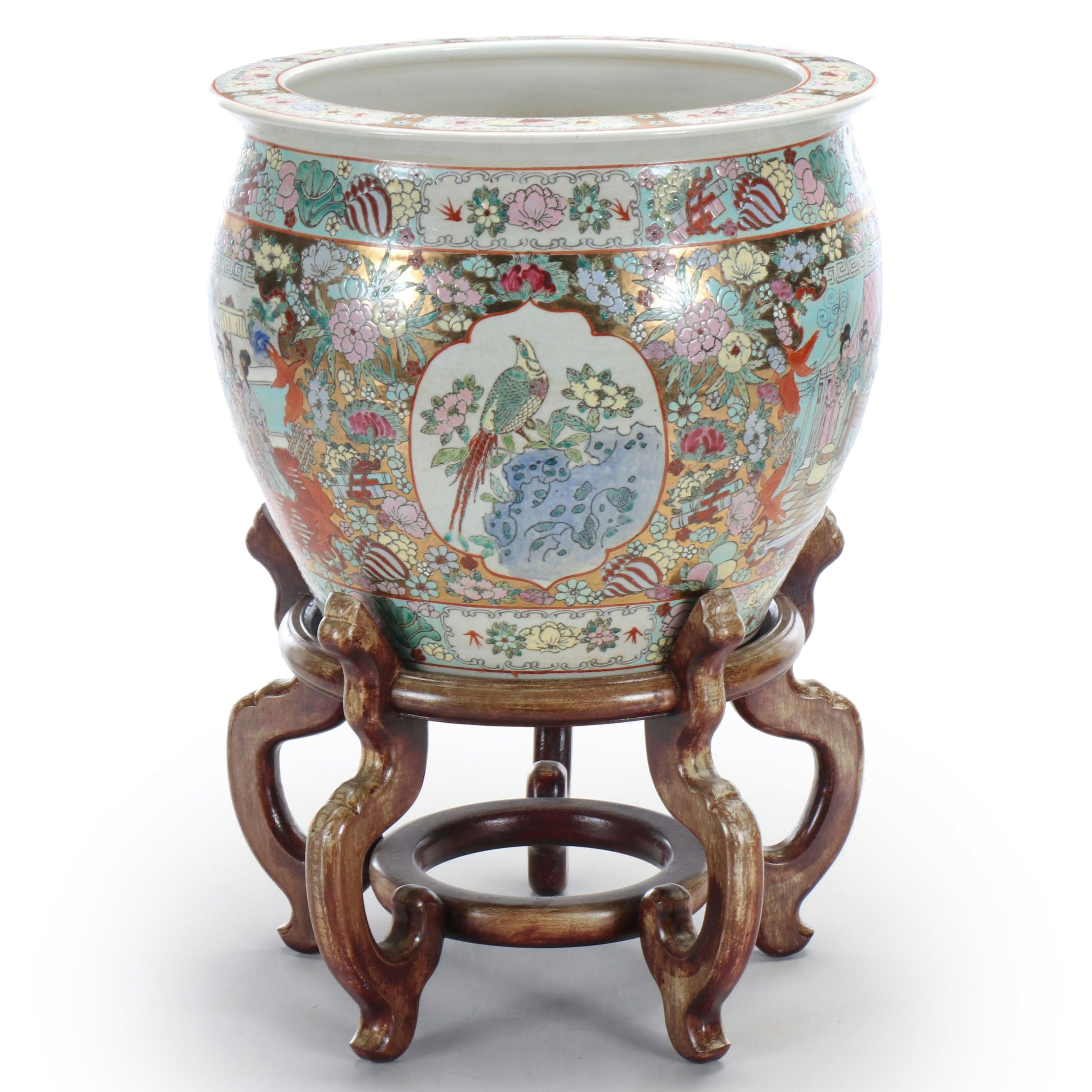 Chinese Satsuma Style Porcelain Fishbowl Planter with Carved Wood Stand