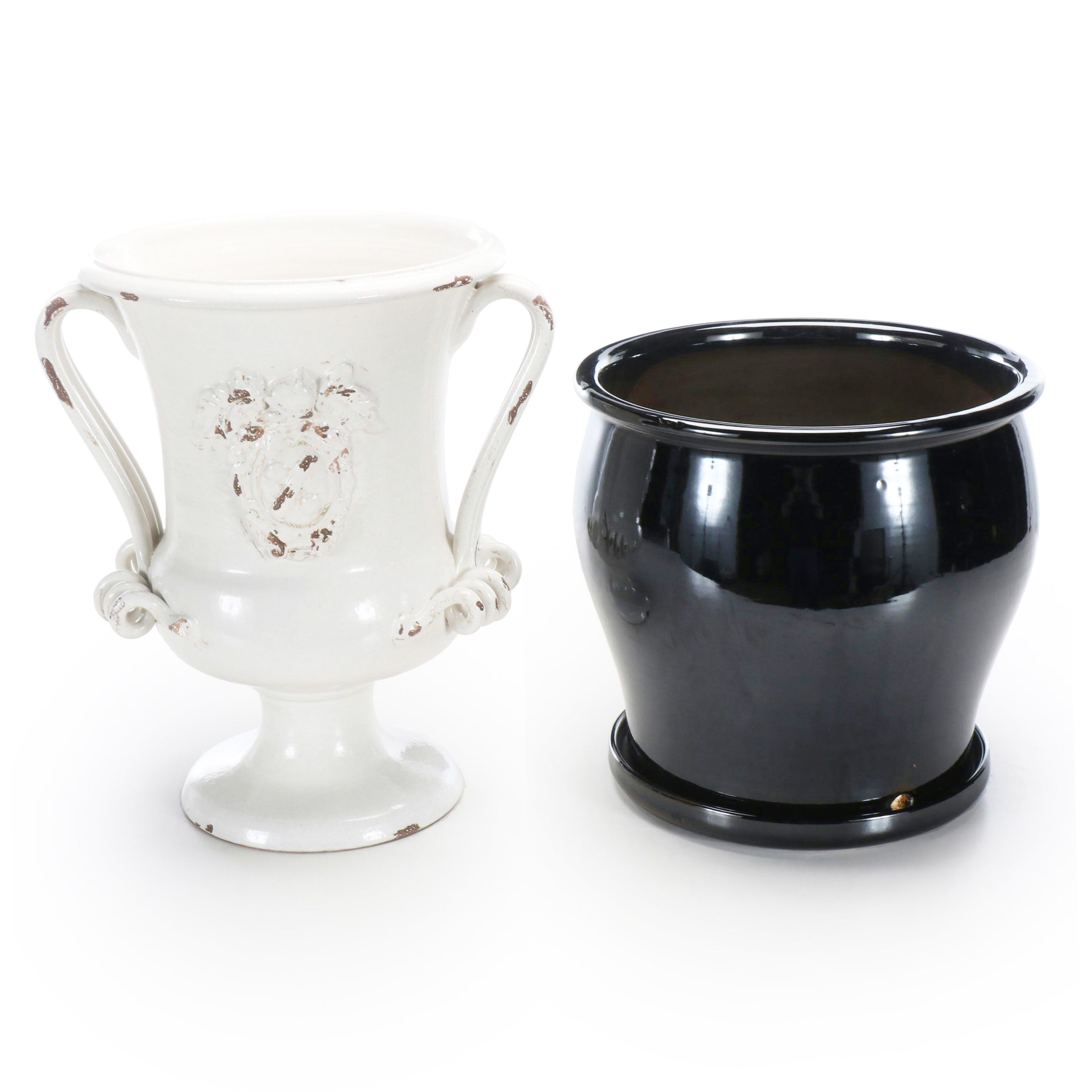 White Glazed Ceramic Urn Planter with Black Glazed Planter