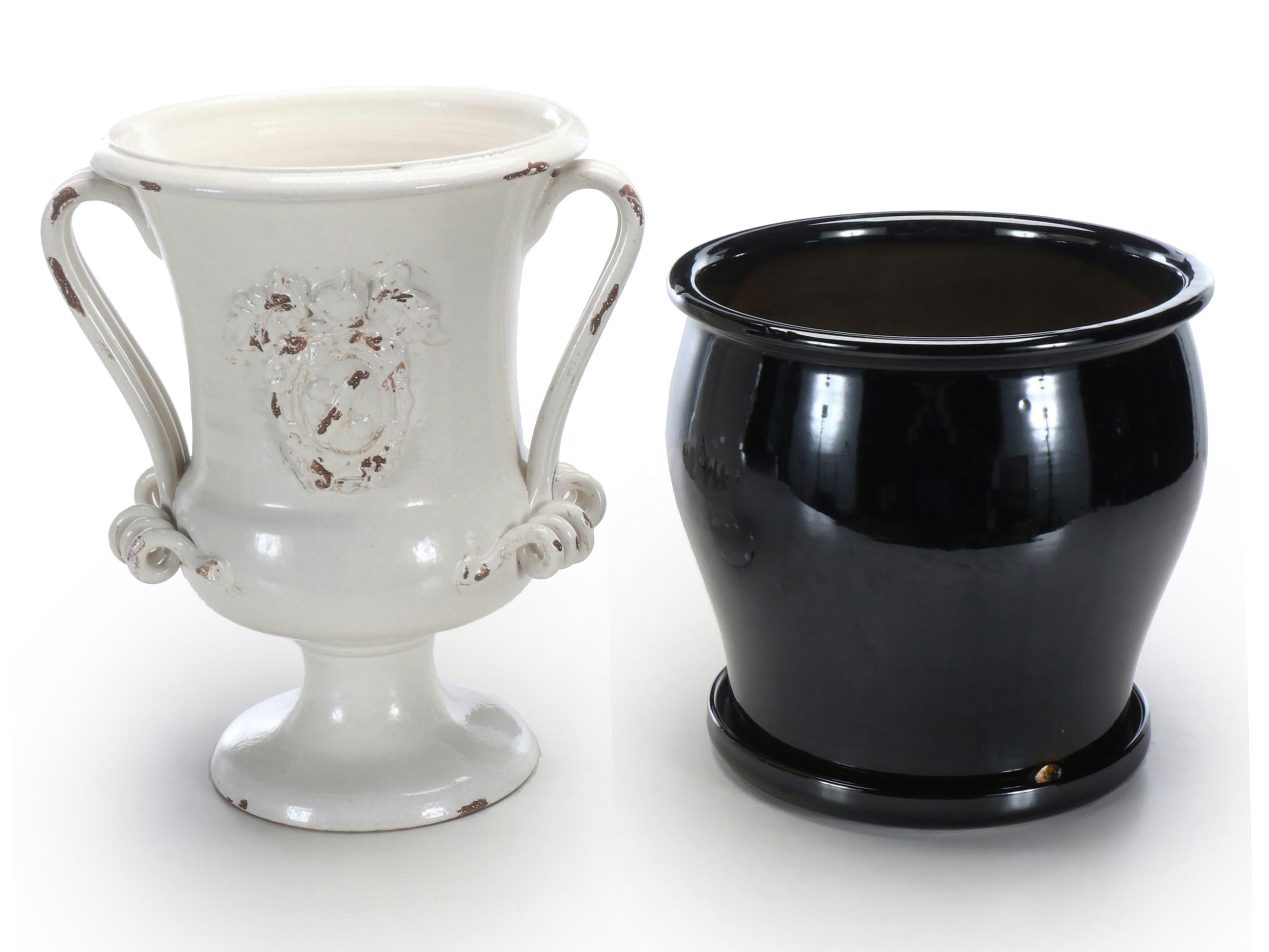 White Glazed Ceramic Urn Planter with Black Glazed Planter