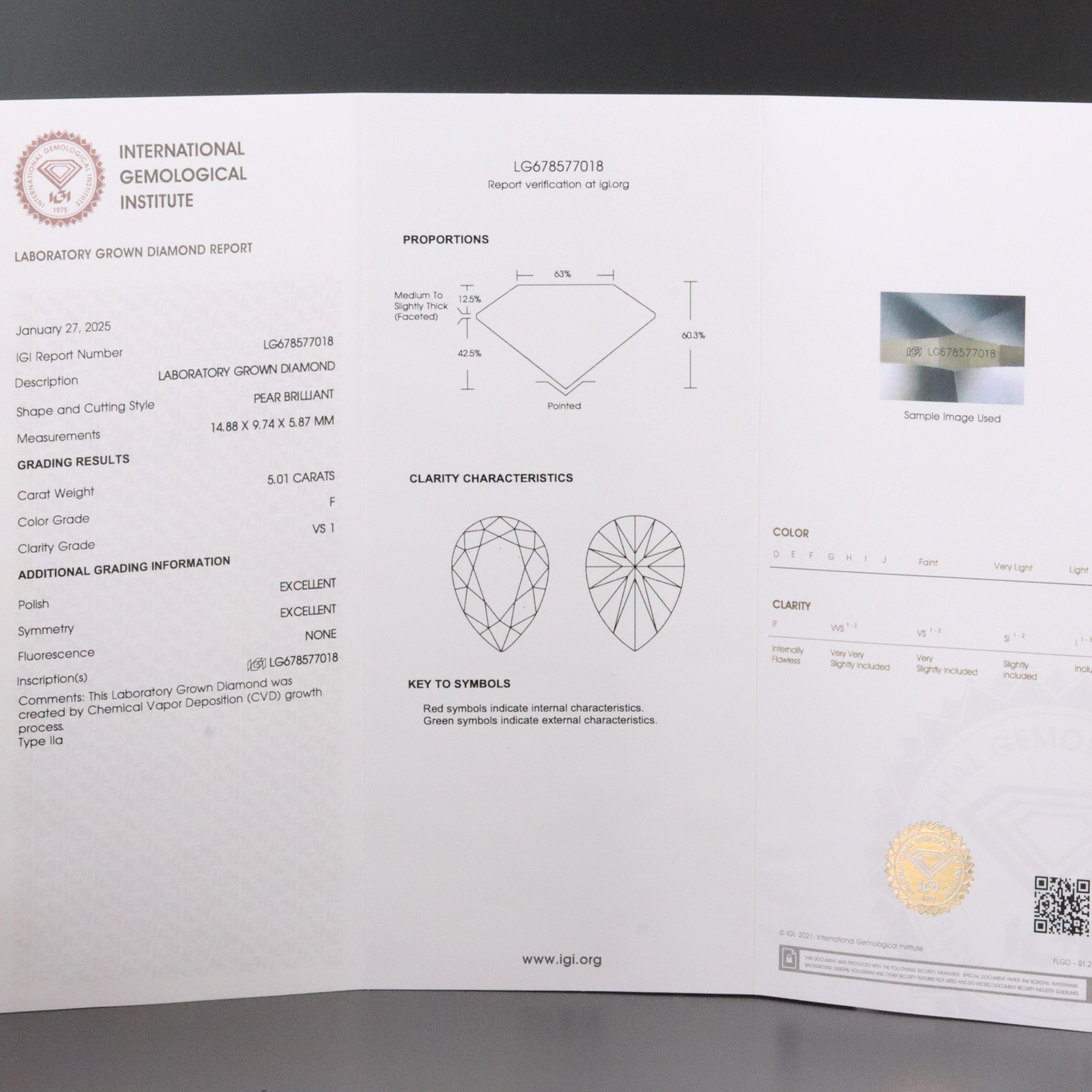 Platinum 5.01 CT Lab Grown Diamond Solitaire Necklace with IGI Report