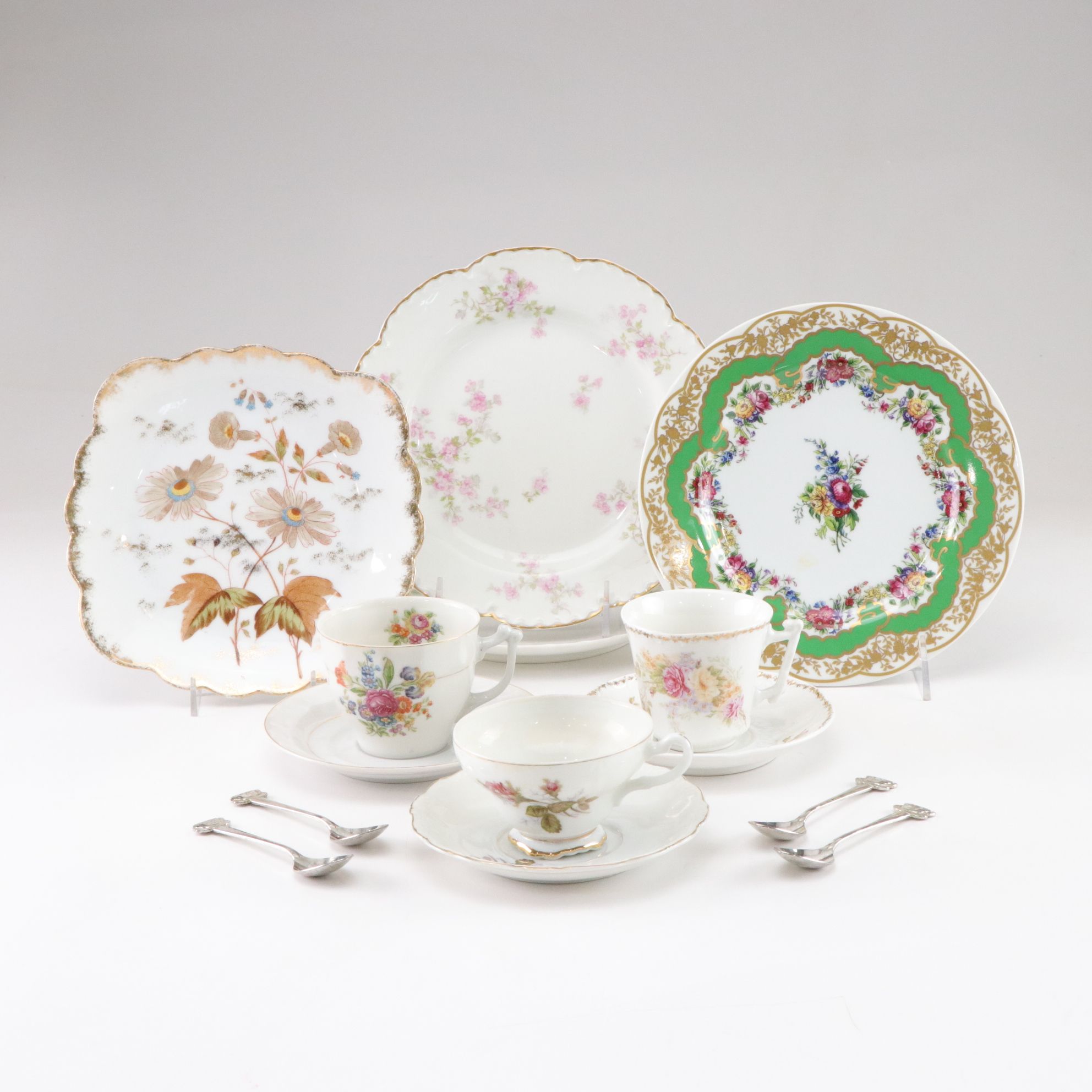 Hand Painted & Gilt Porcelain Saucers, Teacups & Teaspoons