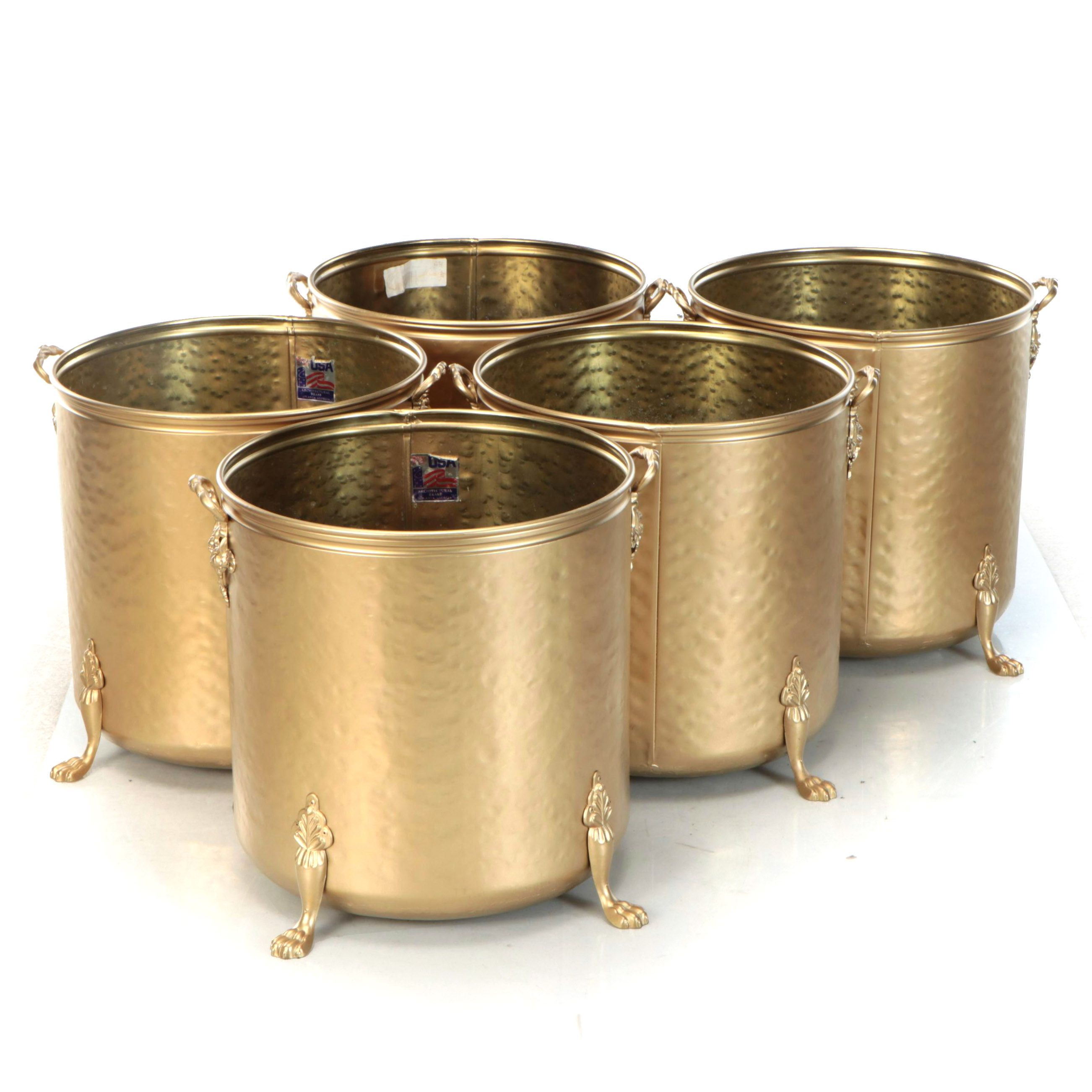 Set of Five Georgian Style Hammered Brass Planters with Paw Feet