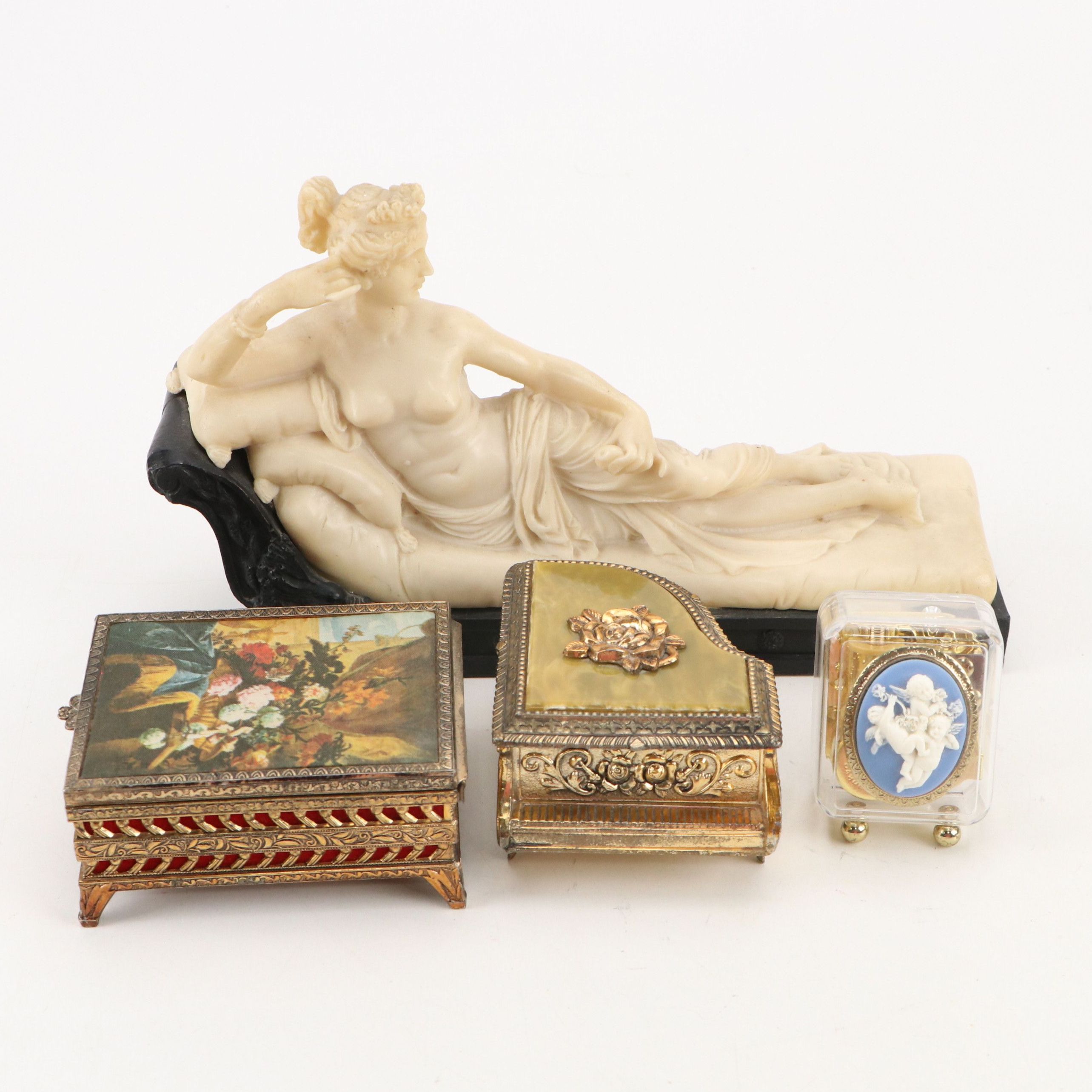 Sankyo and Other Music Boxes with Reclining Nude Resin Figurine