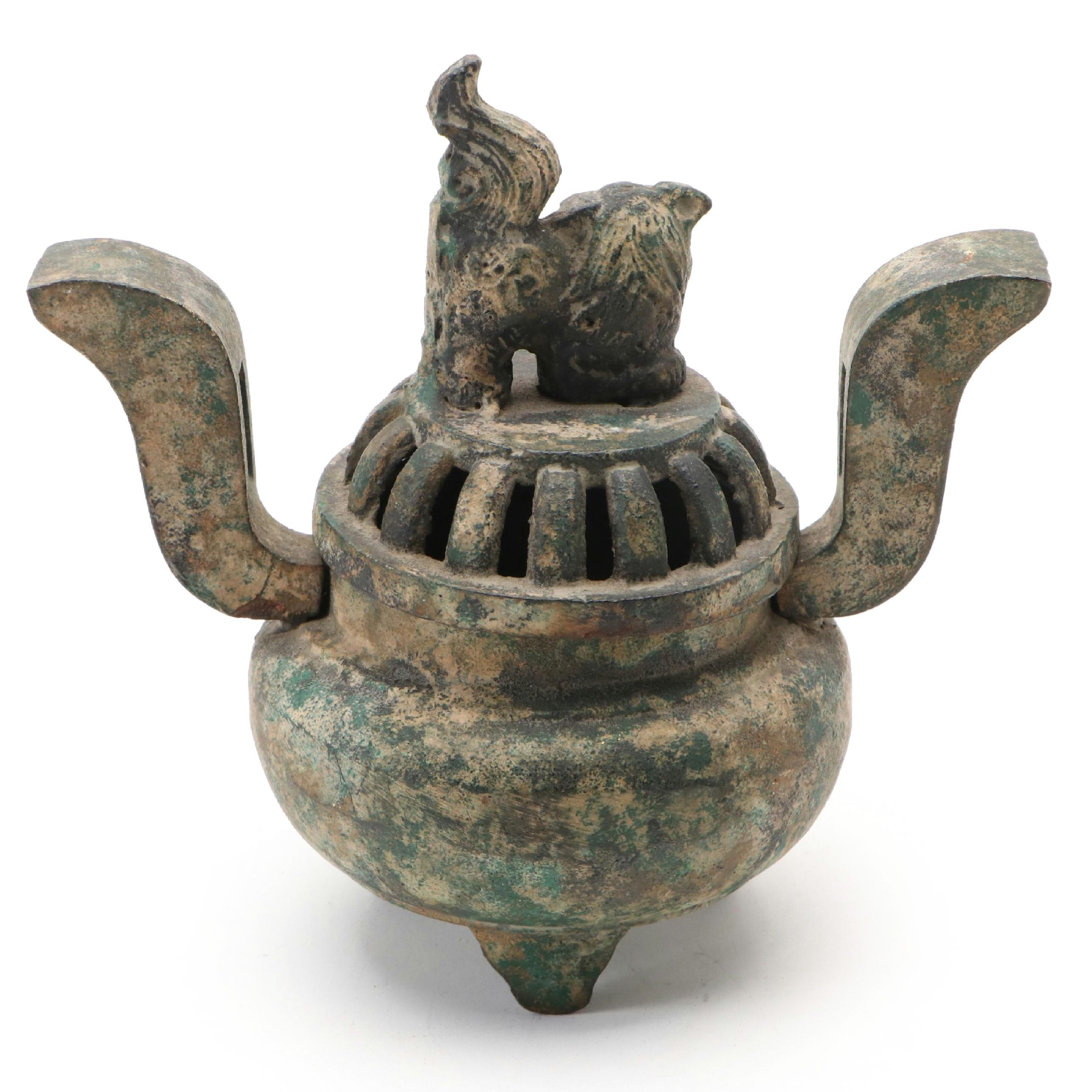 Chinese Patinated Metal Censer with Guardian Lion Finial, Contemporary