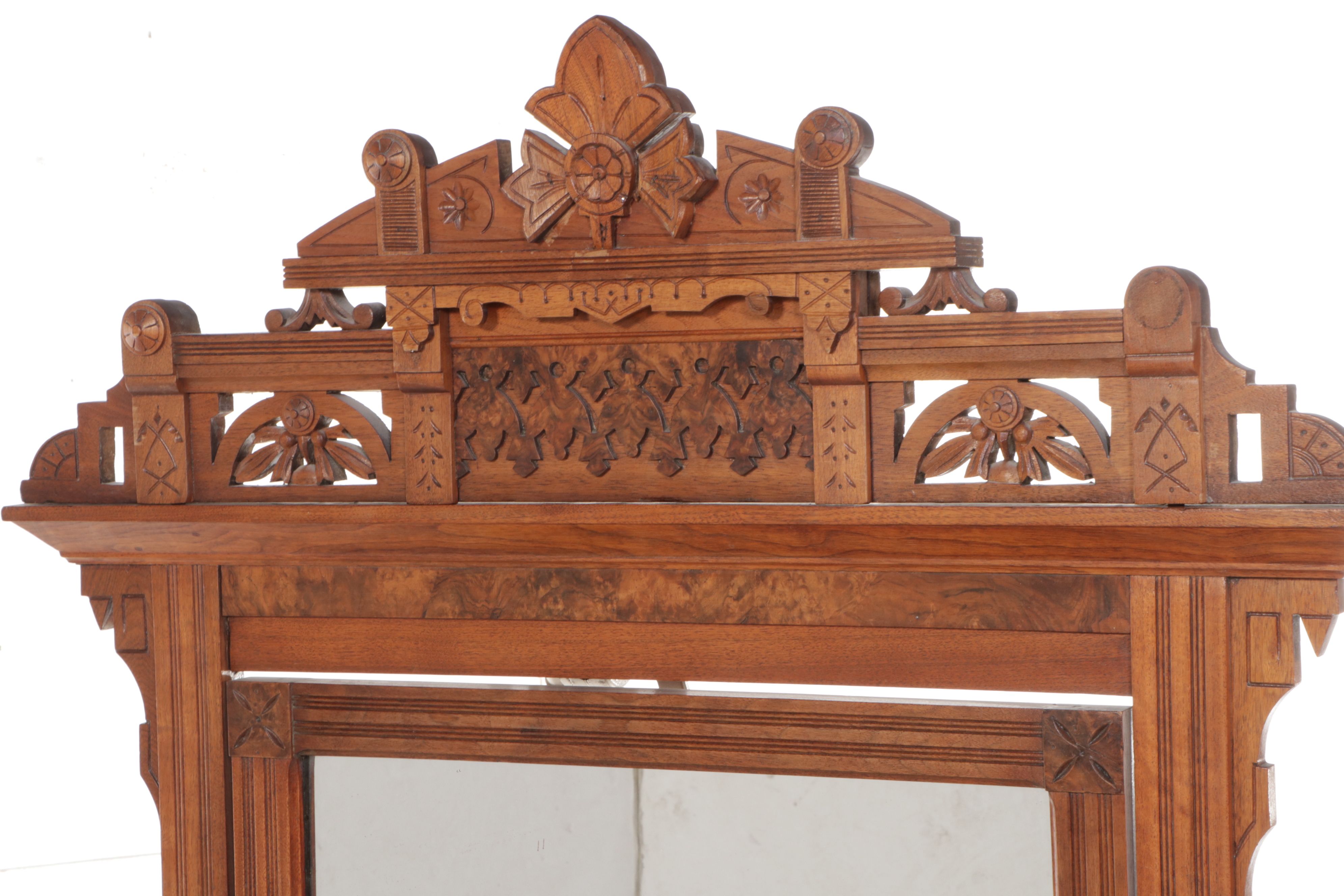 Victorian Eastlake Style Marble Top Burl Wood and Walnut Dresser with Mirror