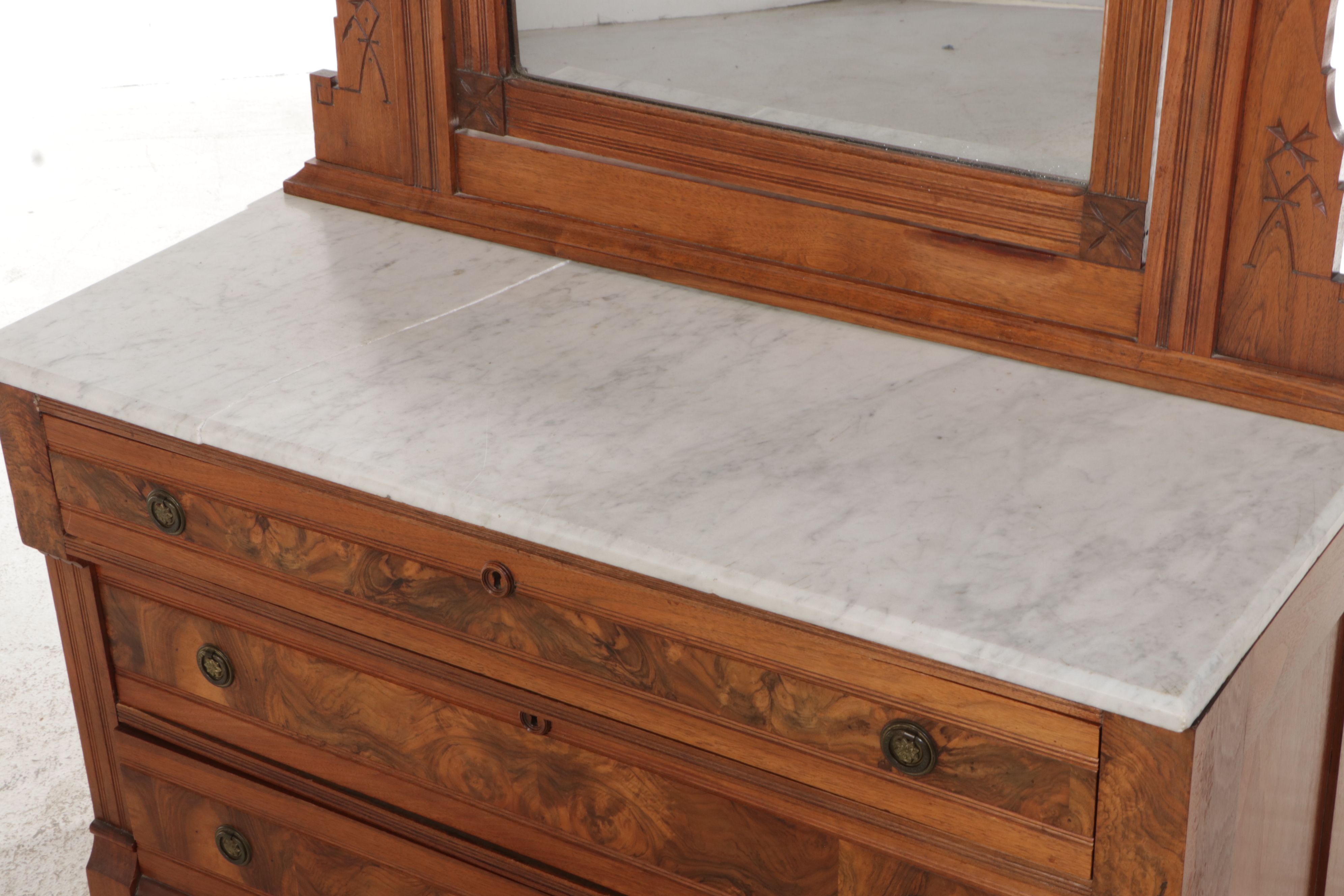 Victorian Eastlake Style Marble Top Burl Wood and Walnut Dresser with Mirror