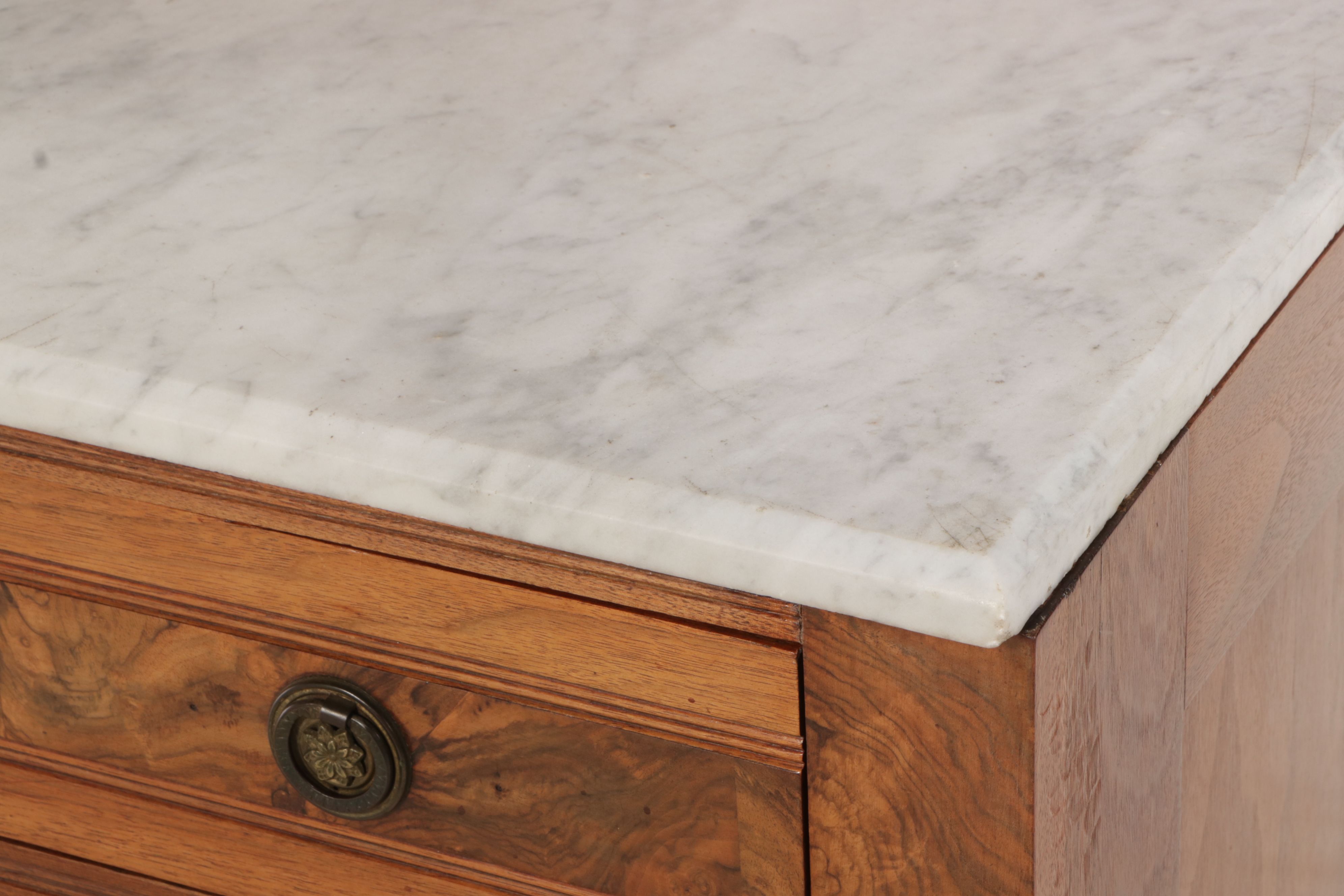 Victorian Eastlake Style Marble Top Burl Wood and Walnut Dresser with Mirror