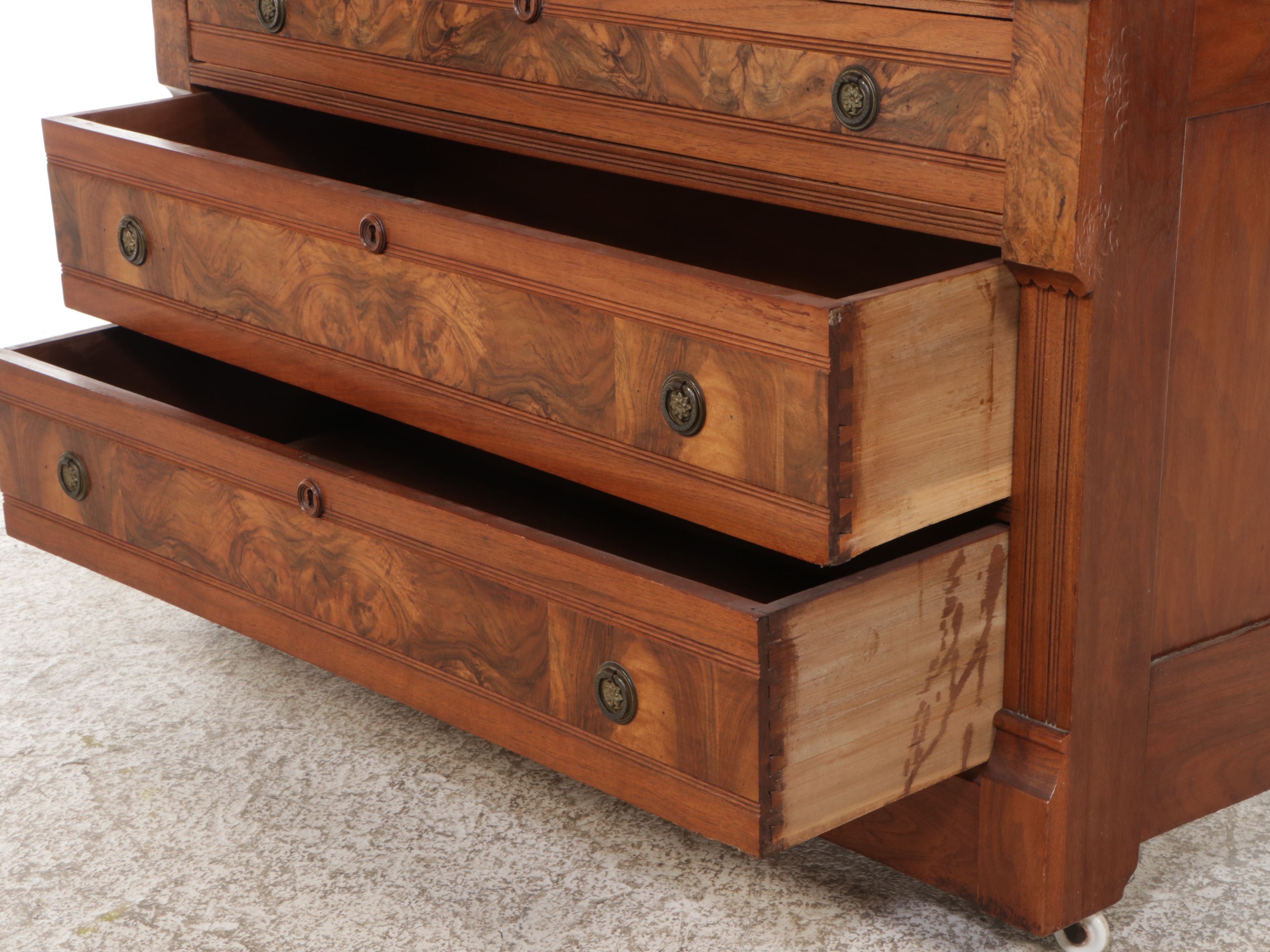 Victorian Eastlake Style Marble Top Burl Wood and Walnut Dresser with Mirror