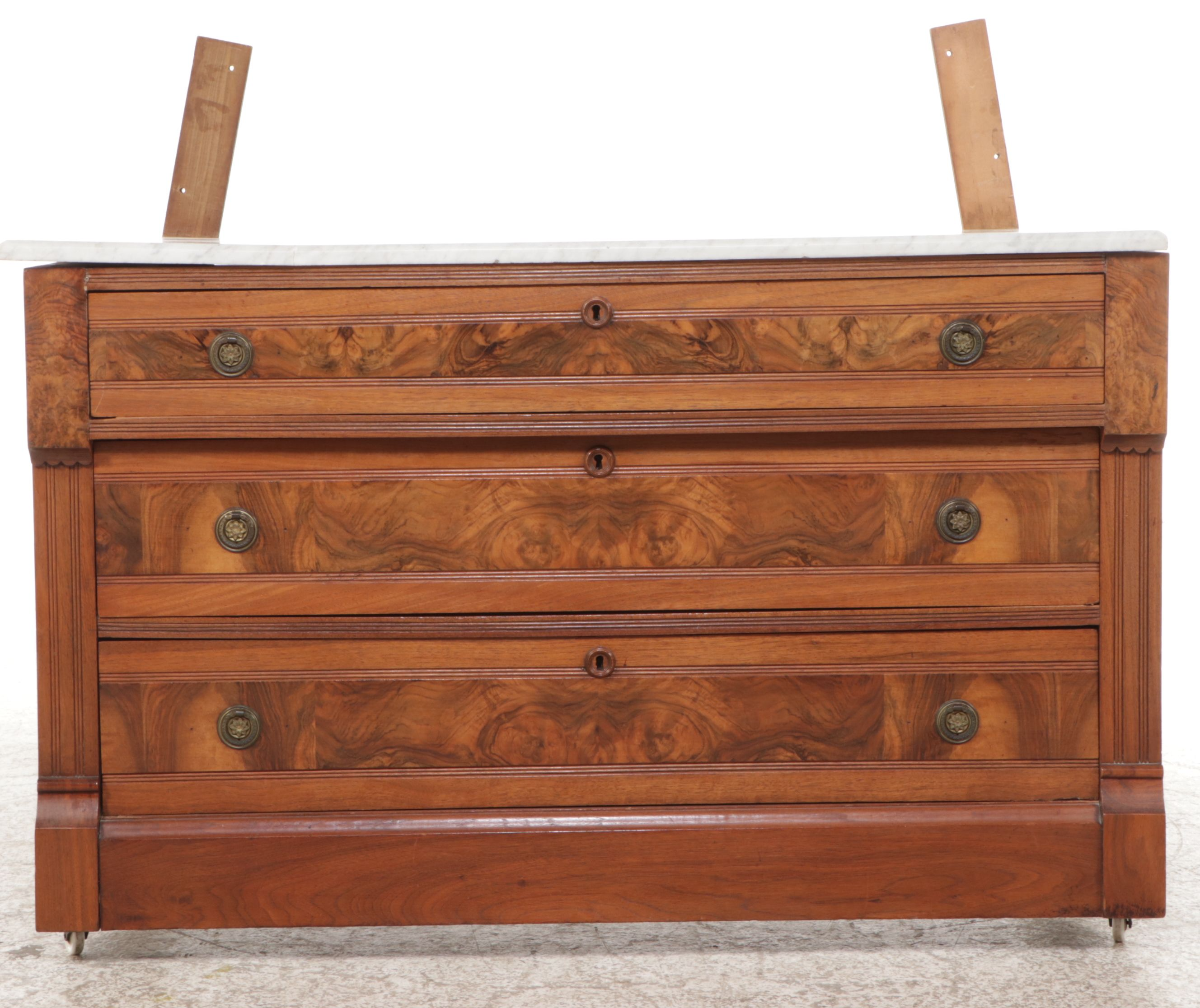 Victorian Eastlake Style Marble Top Burl Wood and Walnut Dresser with Mirror