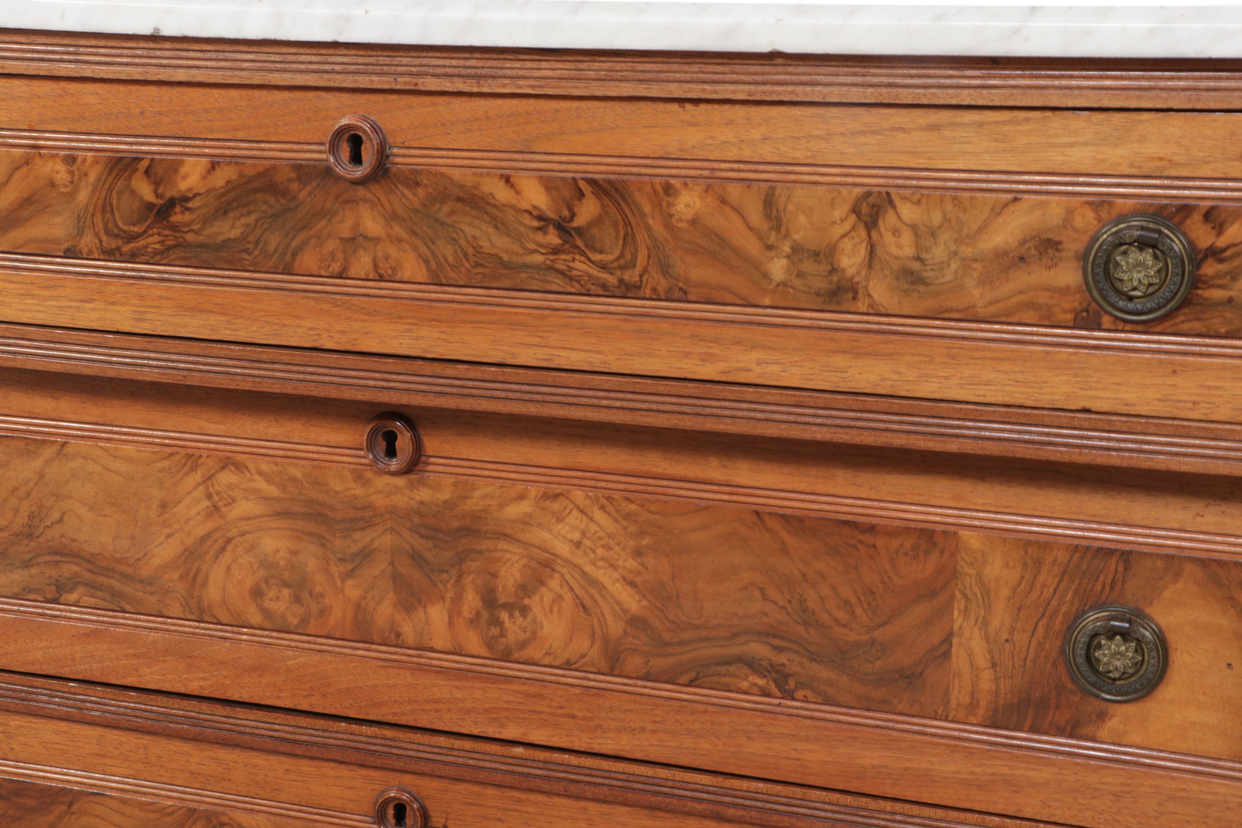 Victorian Eastlake Style Marble Top Burl Wood and Walnut Dresser with Mirror