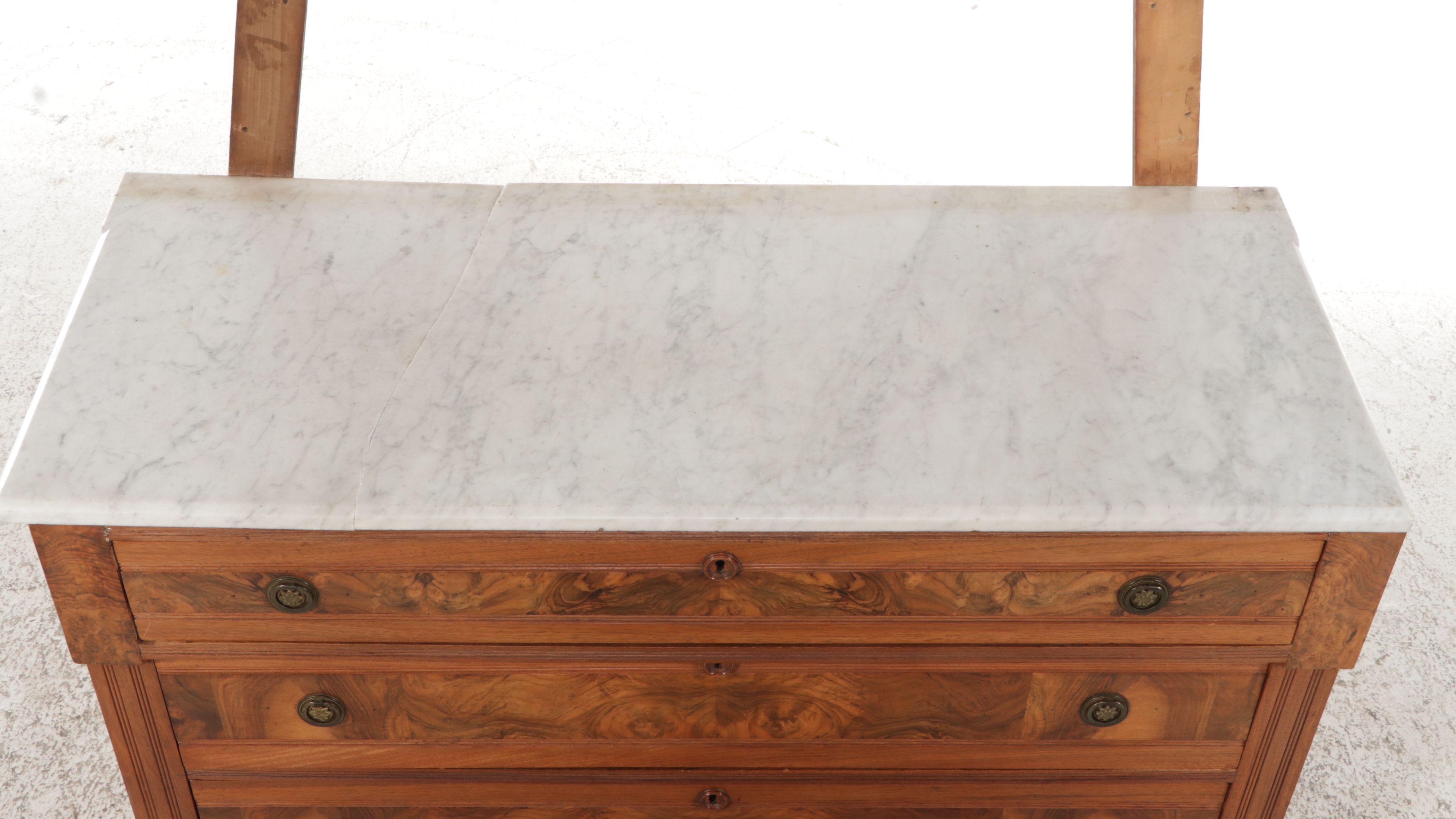 Victorian Eastlake Style Marble Top Burl Wood and Walnut Dresser with Mirror