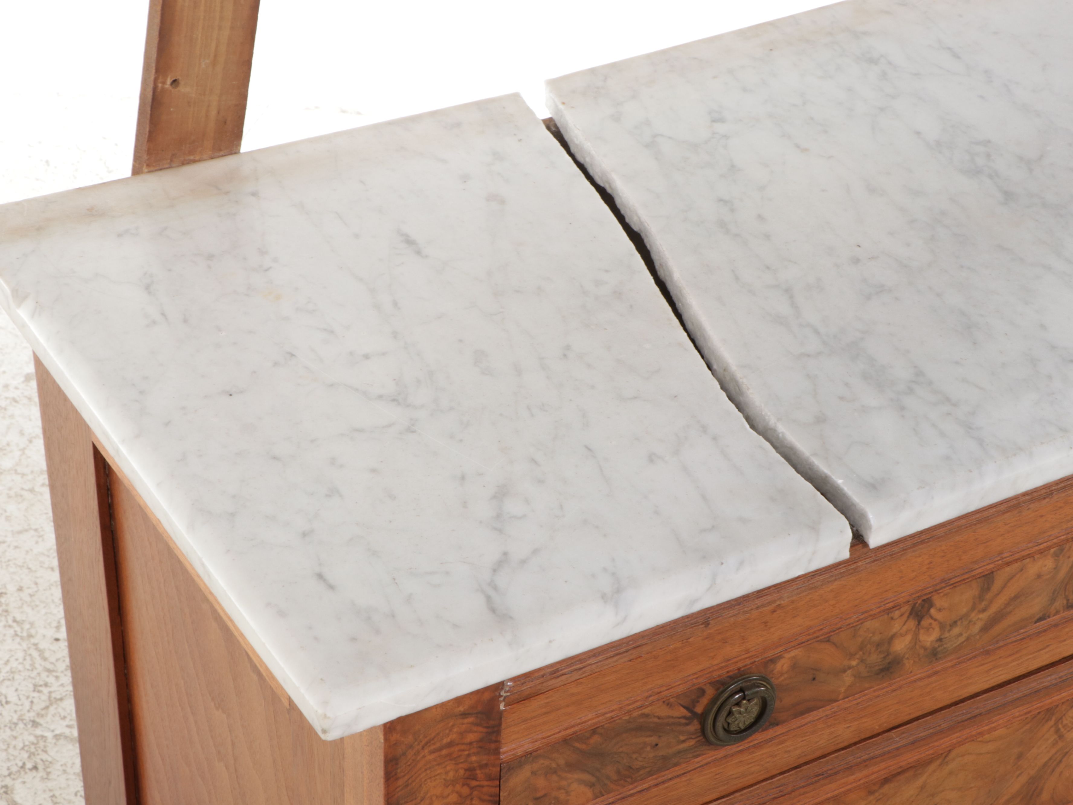 Victorian Eastlake Style Marble Top Burl Wood and Walnut Dresser with Mirror