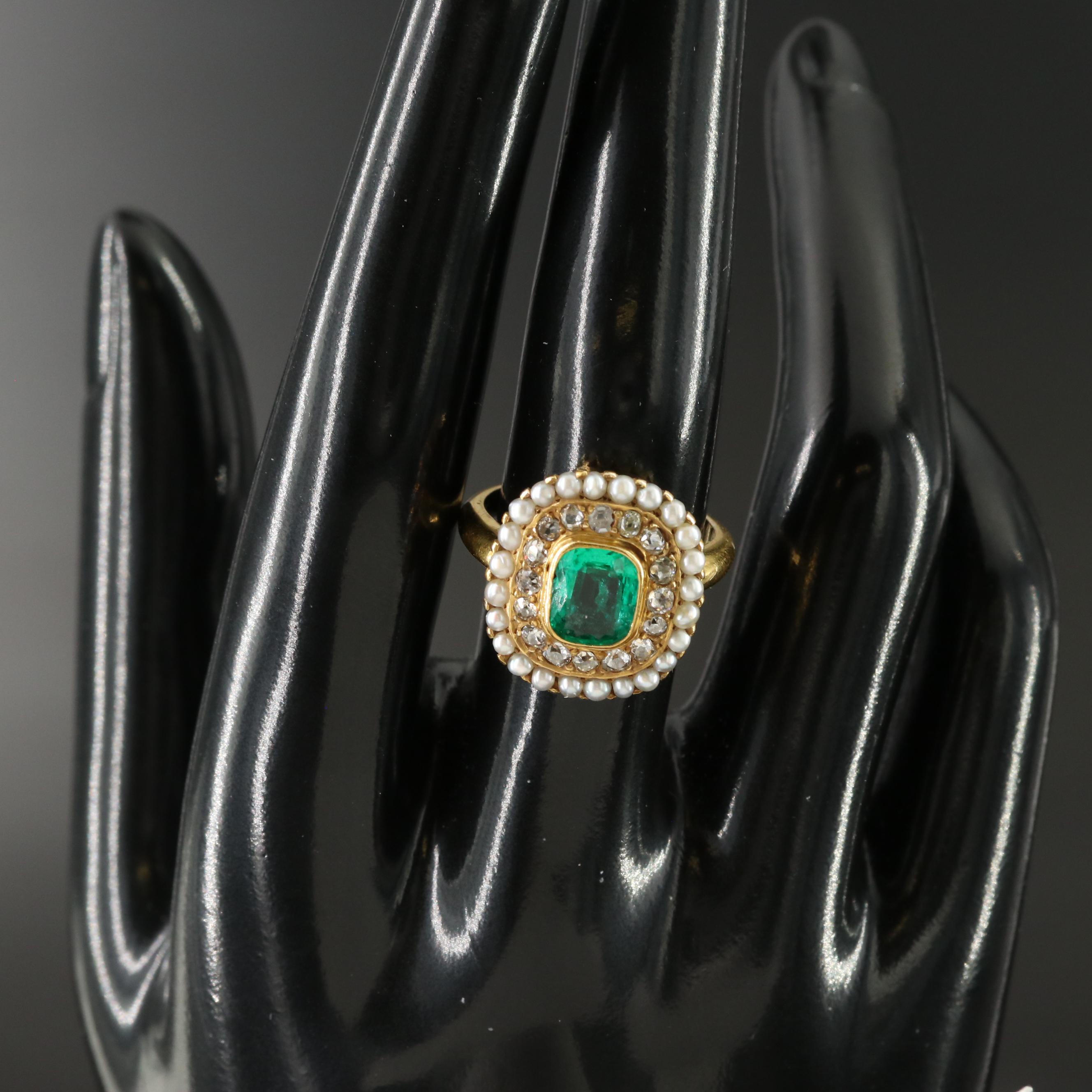 Victorian 14K Columbian Emerald, Diamond & Seed Pearl Ring w/ Online GIA Report