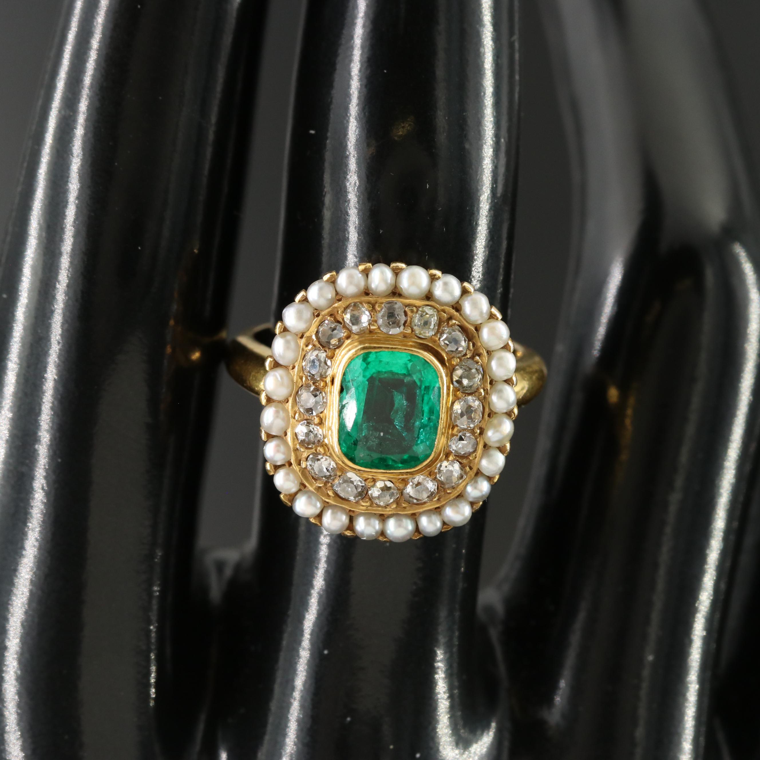 Victorian 14K Columbian Emerald, Diamond & Seed Pearl Ring w/ Online GIA Report