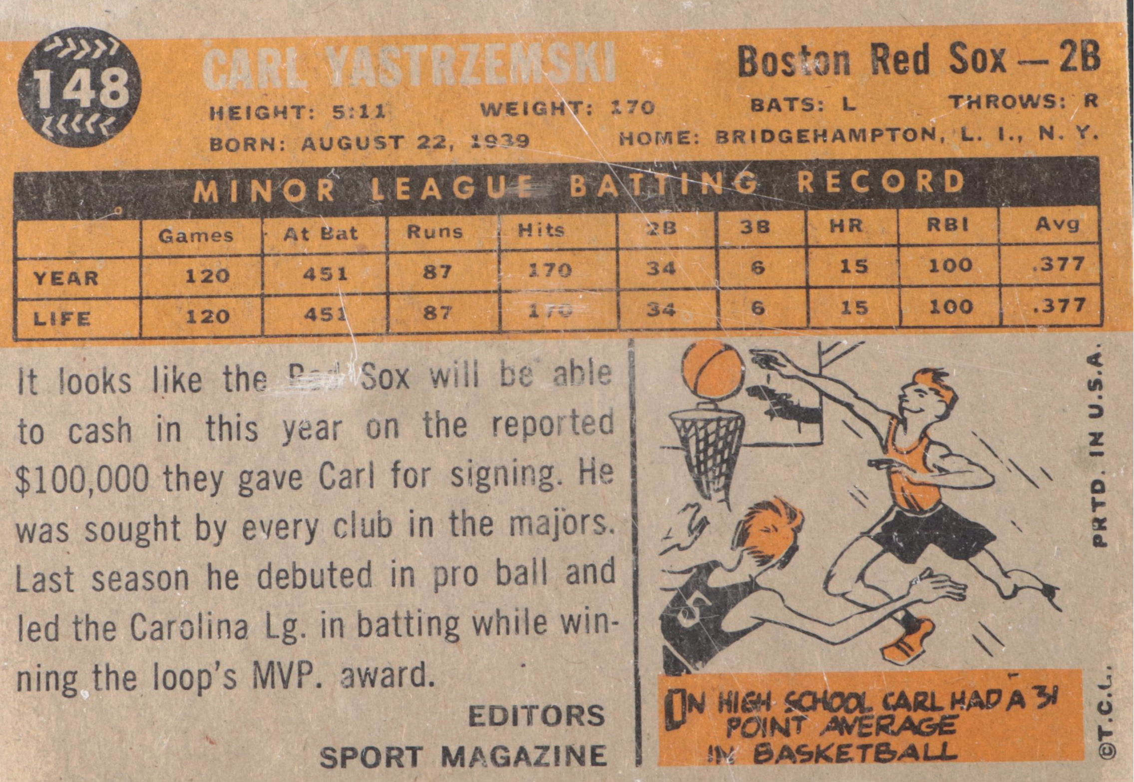 1960 Topps Carl Yastrzemski Boston Red Sox Rookie Baseball Card