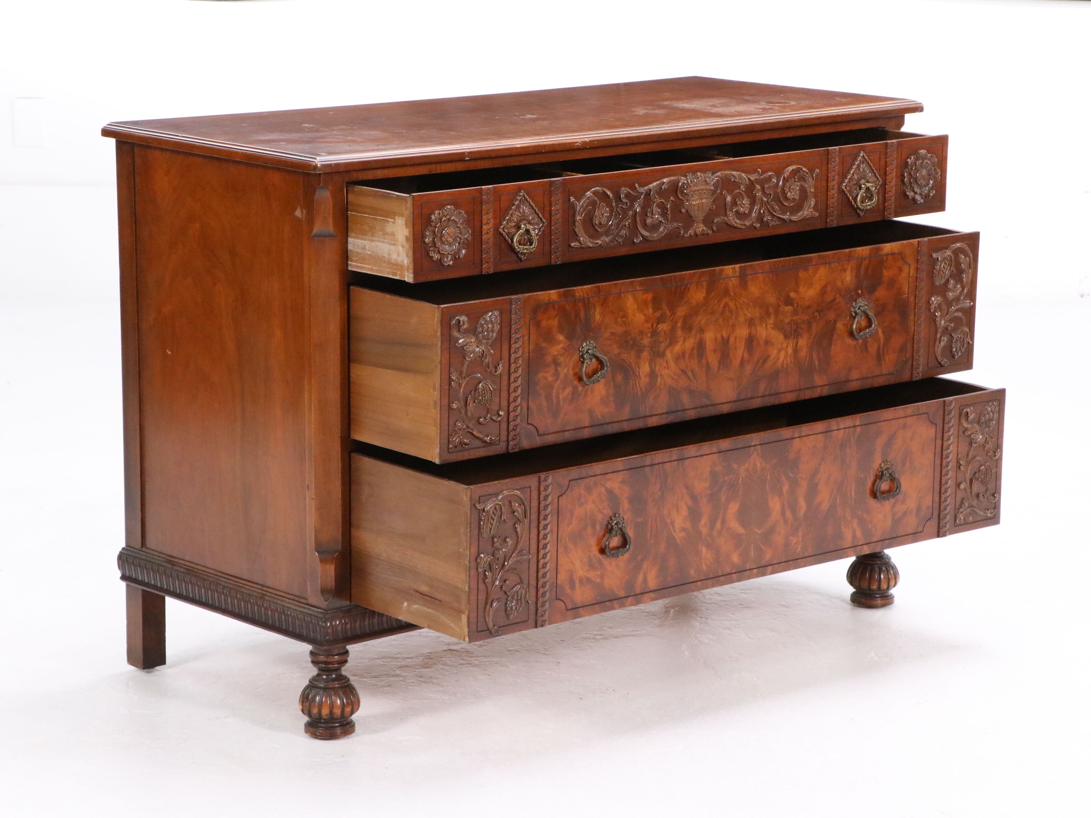 William and Mary Style Burl Wood Three-Drawer Chest