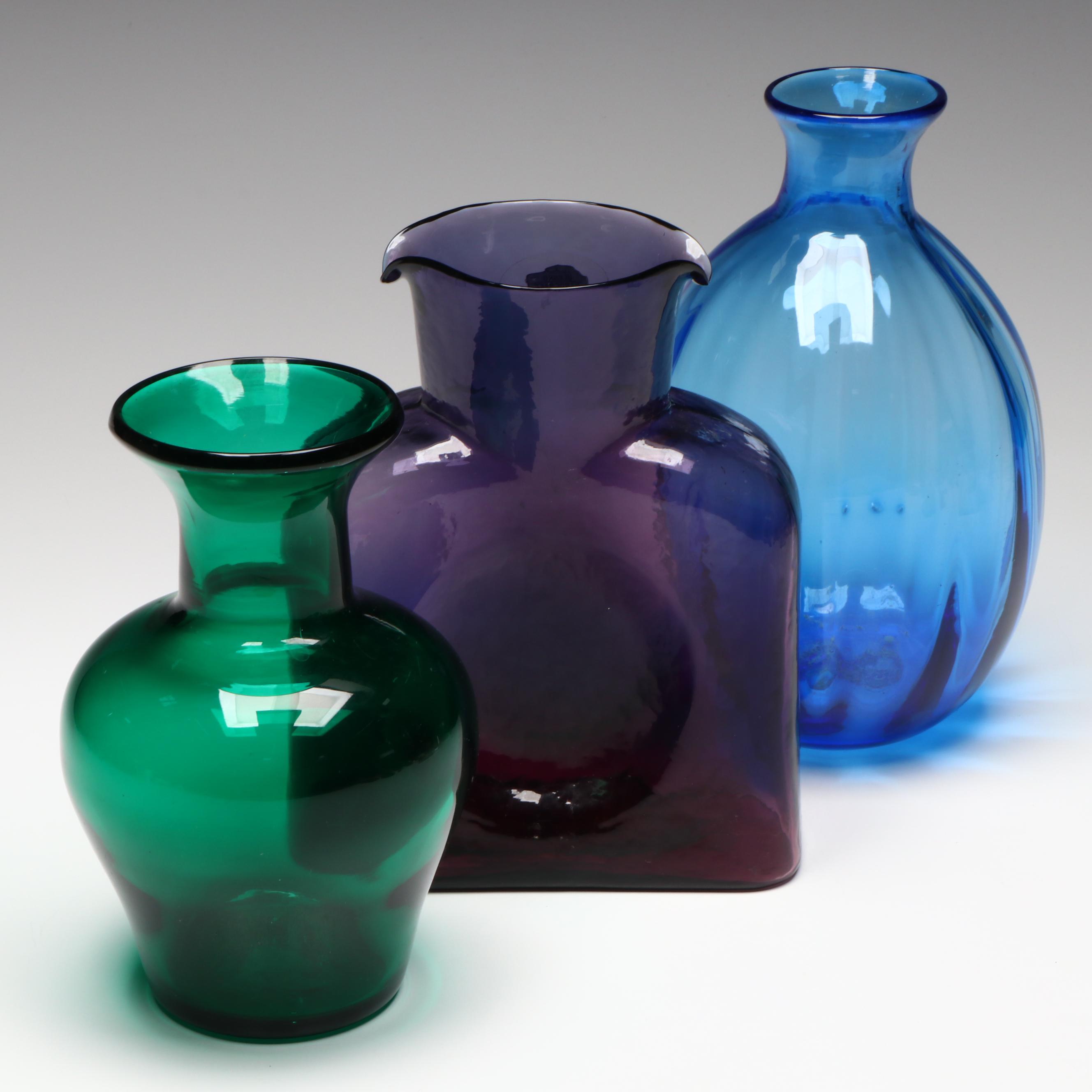 Blenko Amethyst Water Pitcher, Blue Melon Vase and Emerald Green Vase
