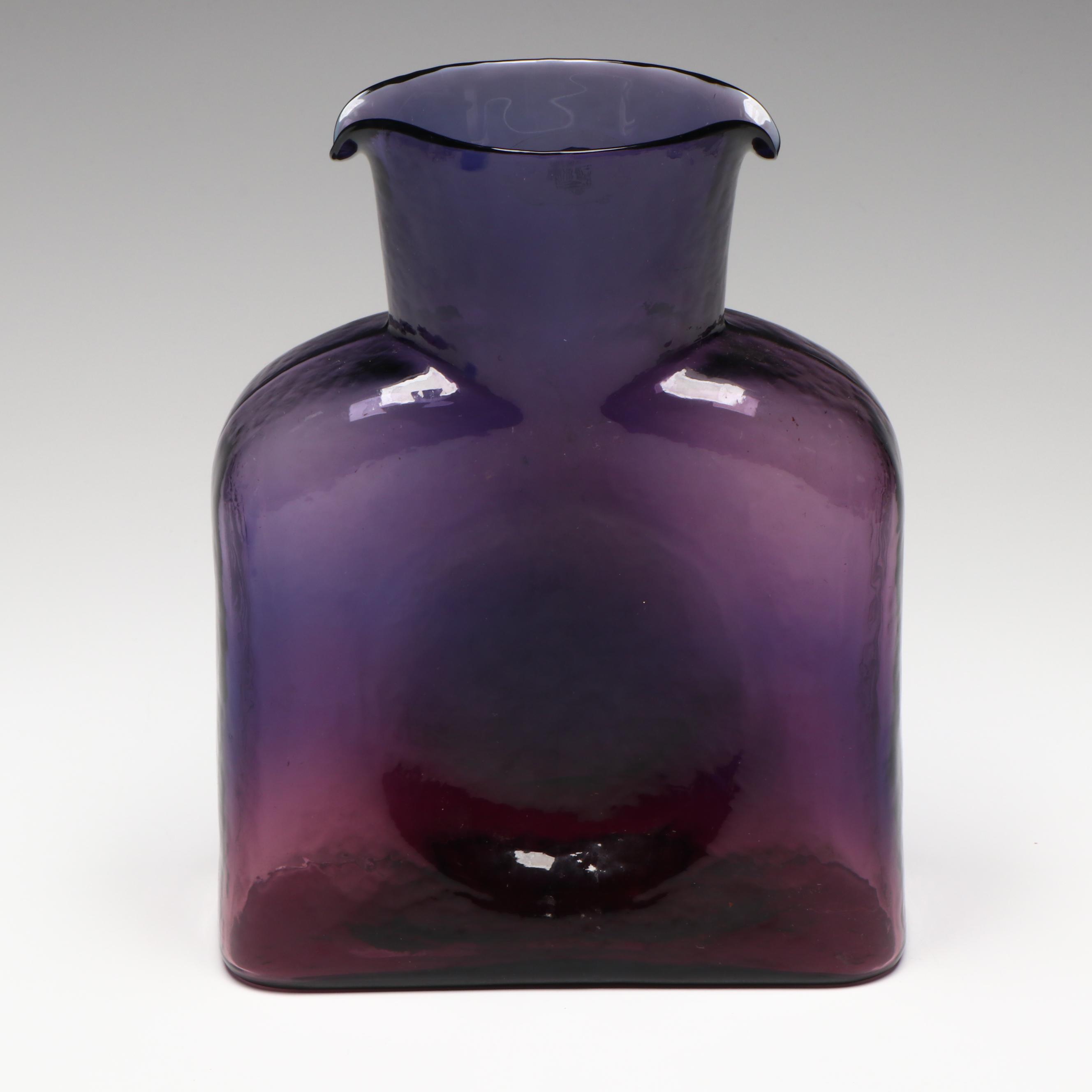 Blenko Amethyst Water Pitcher, Blue Melon Vase and Emerald Green Vase