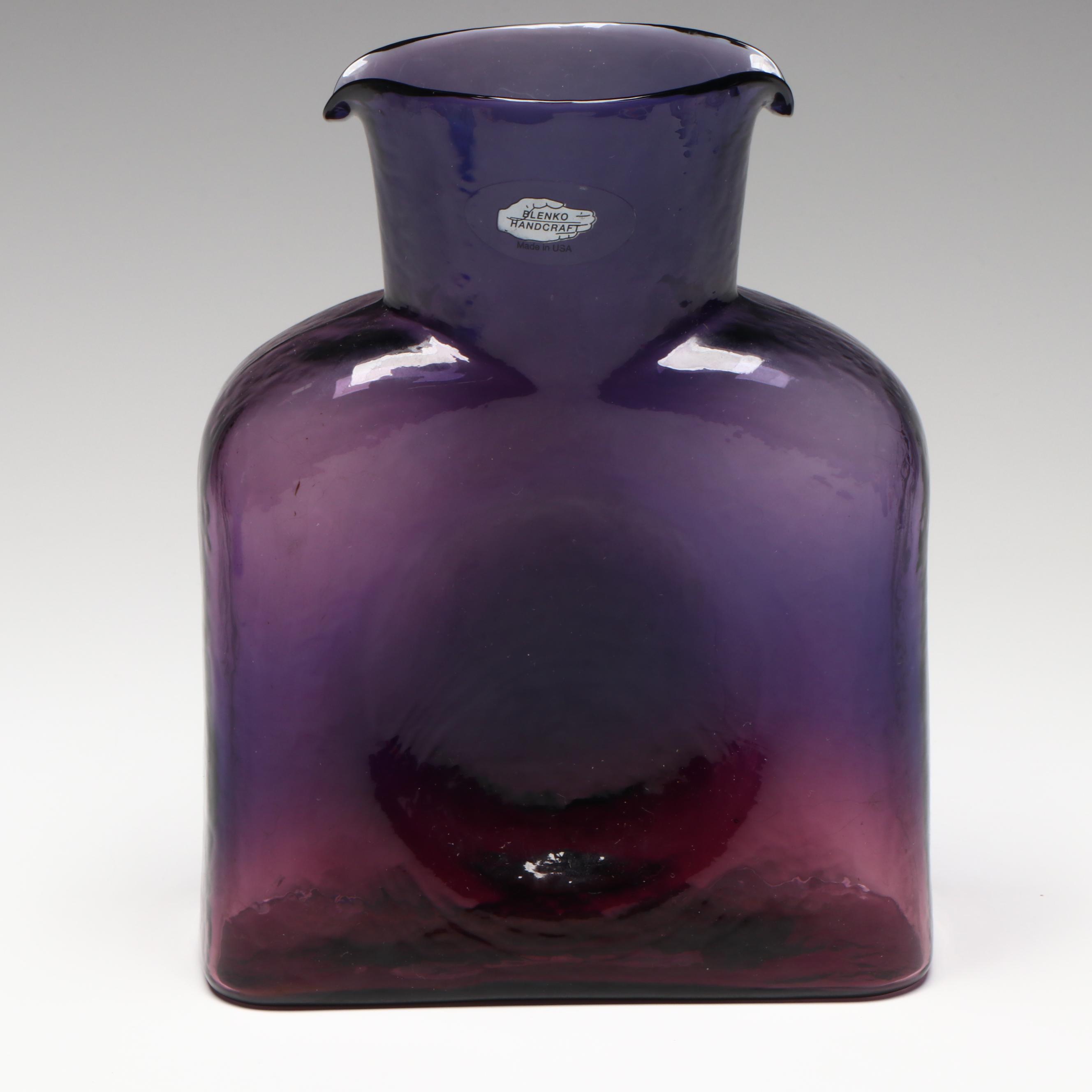 Blenko Amethyst Water Pitcher, Blue Melon Vase and Emerald Green Vase