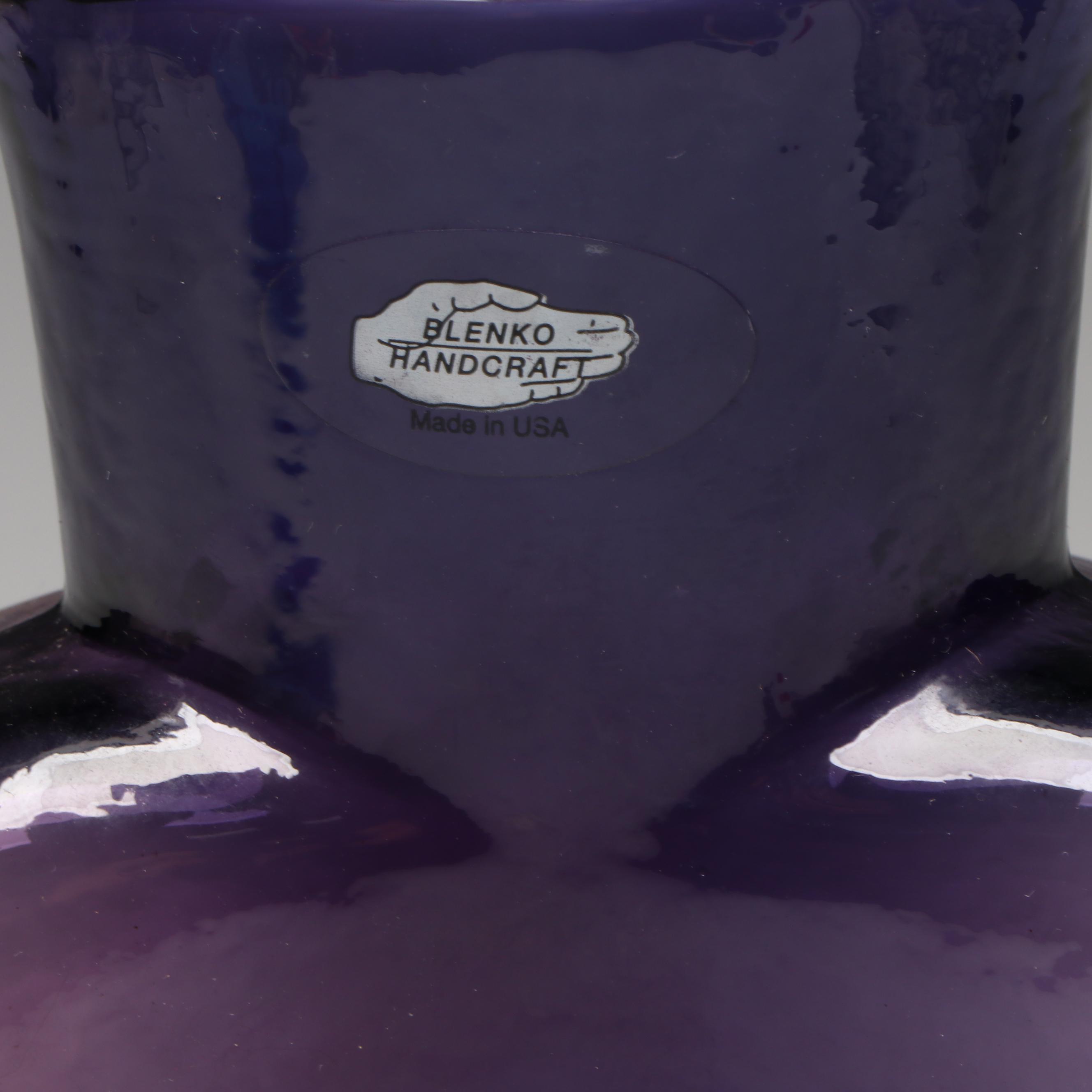 Blenko Amethyst Water Pitcher, Blue Melon Vase and Emerald Green Vase