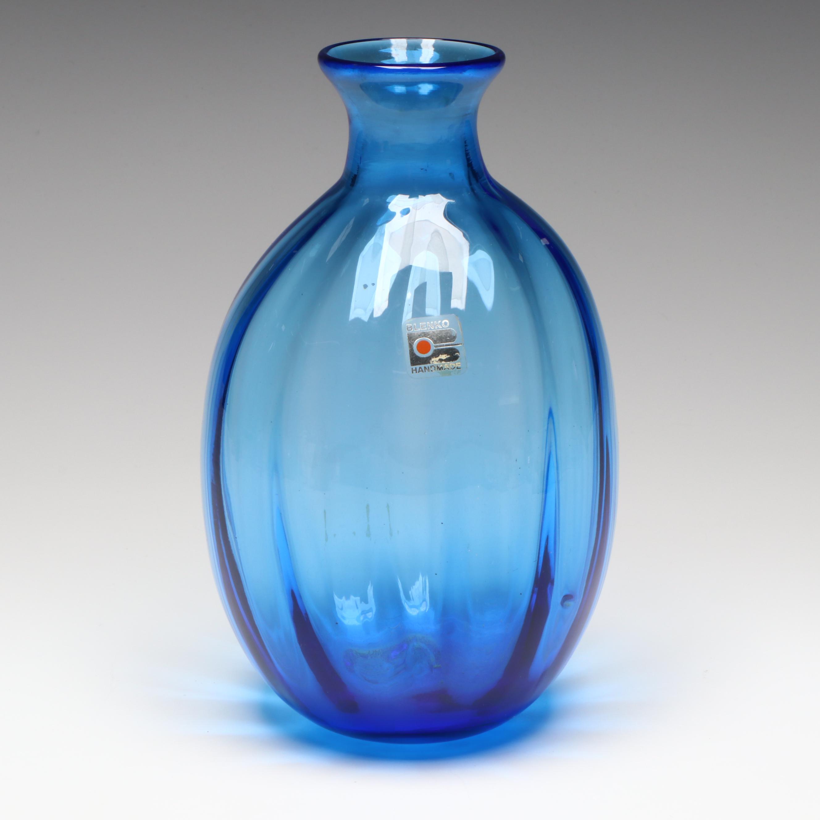 Blenko Amethyst Water Pitcher, Blue Melon Vase and Emerald Green Vase