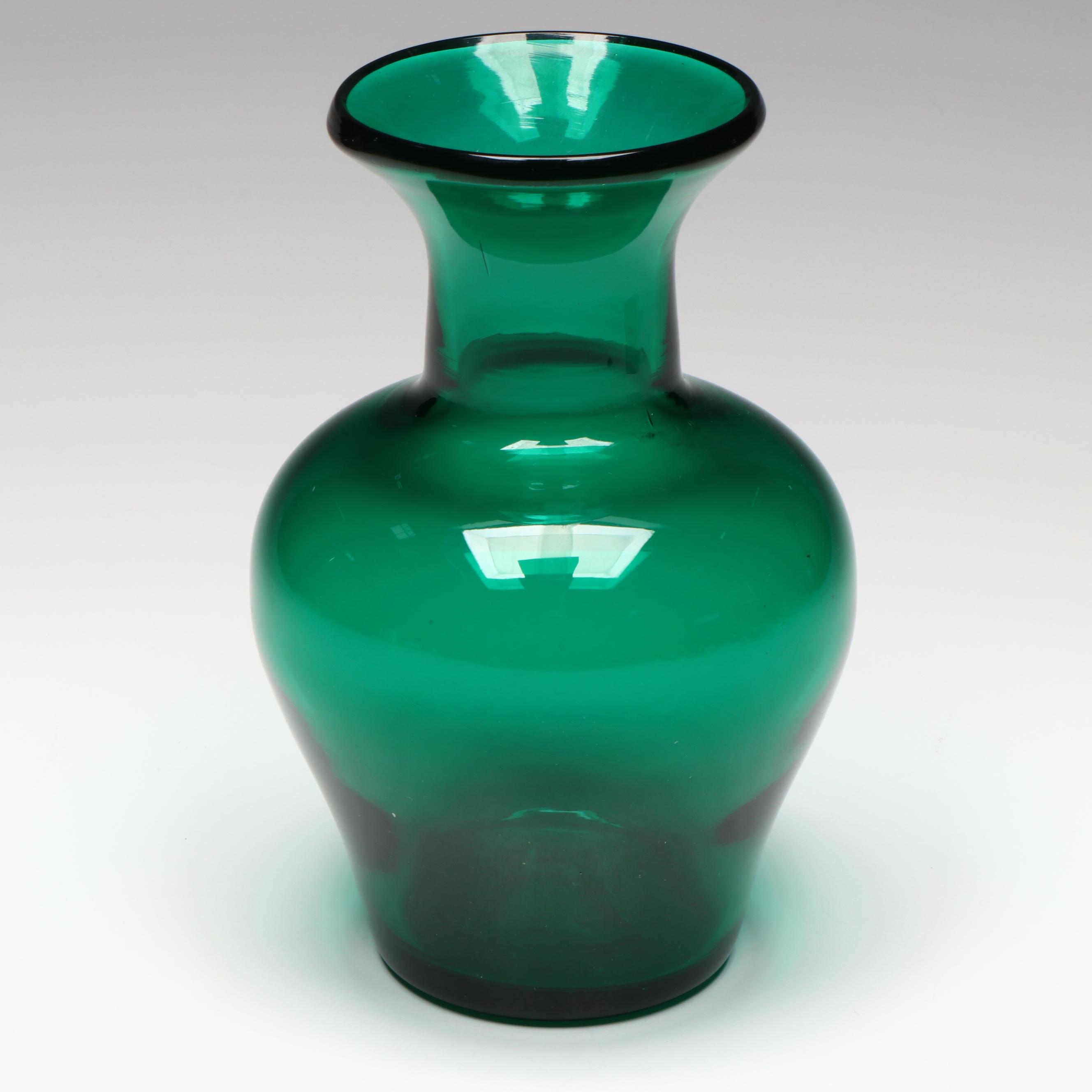 Blenko Amethyst Water Pitcher, Blue Melon Vase and Emerald Green Vase