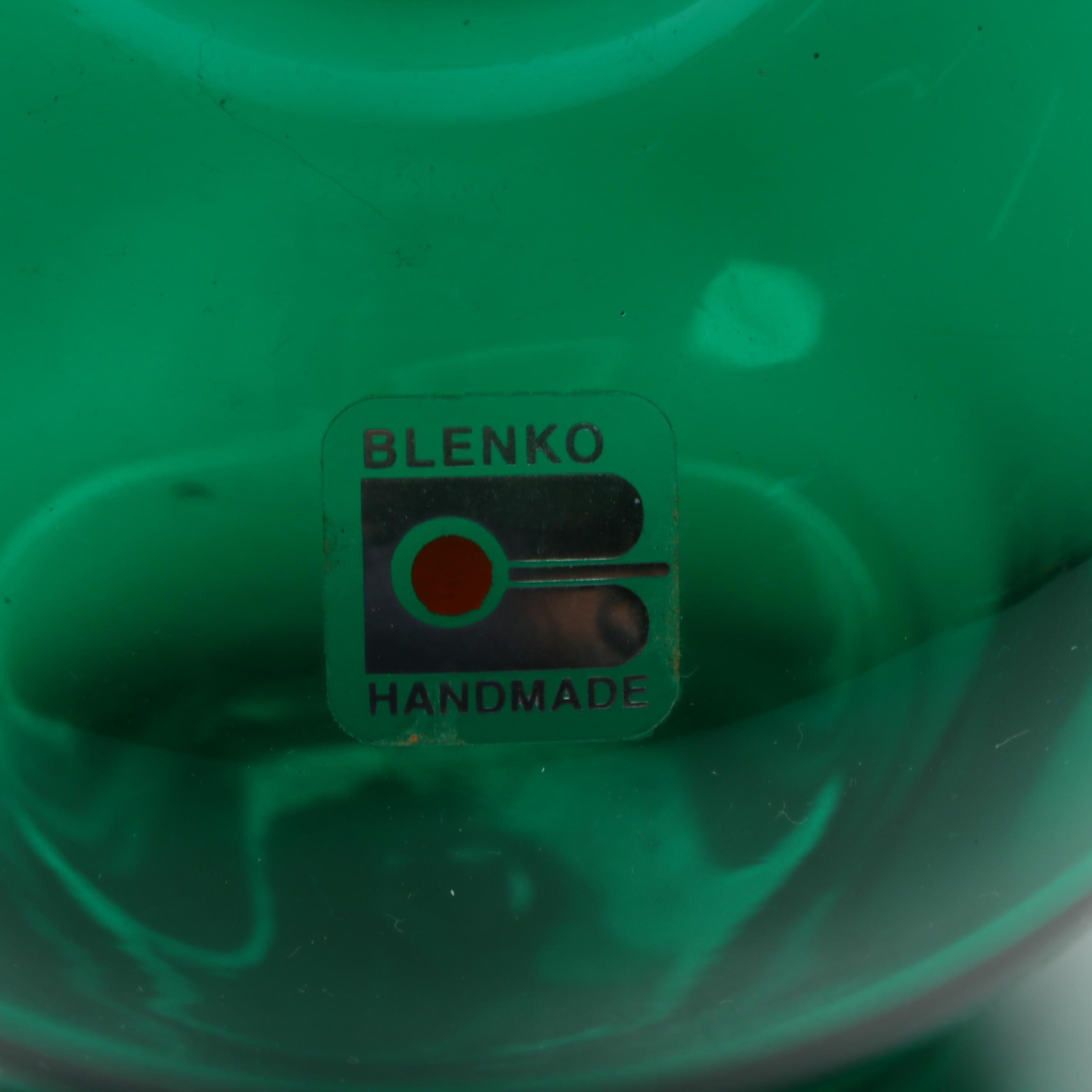 Blenko Amethyst Water Pitcher, Blue Melon Vase and Emerald Green Vase