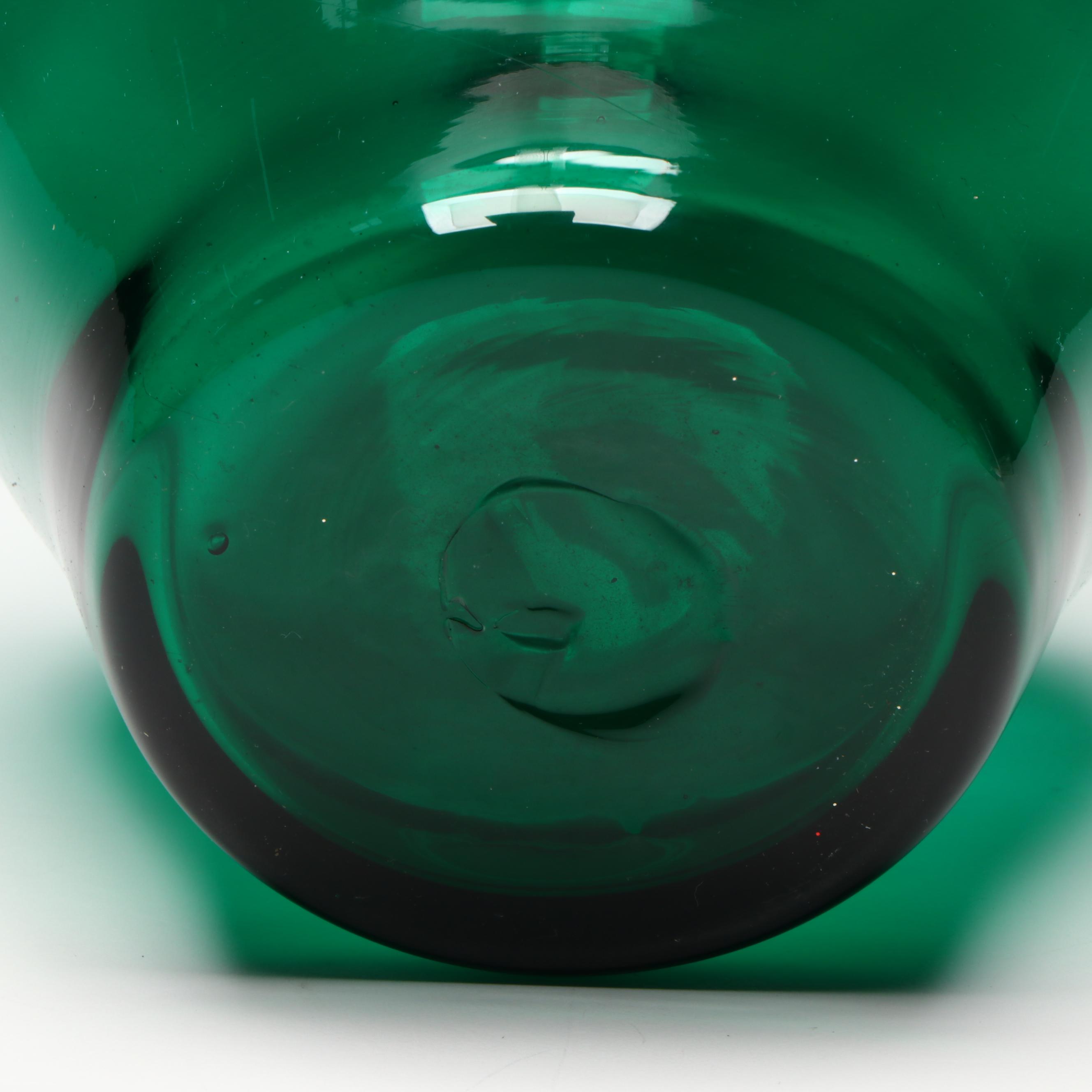 Blenko Amethyst Water Pitcher, Blue Melon Vase and Emerald Green Vase