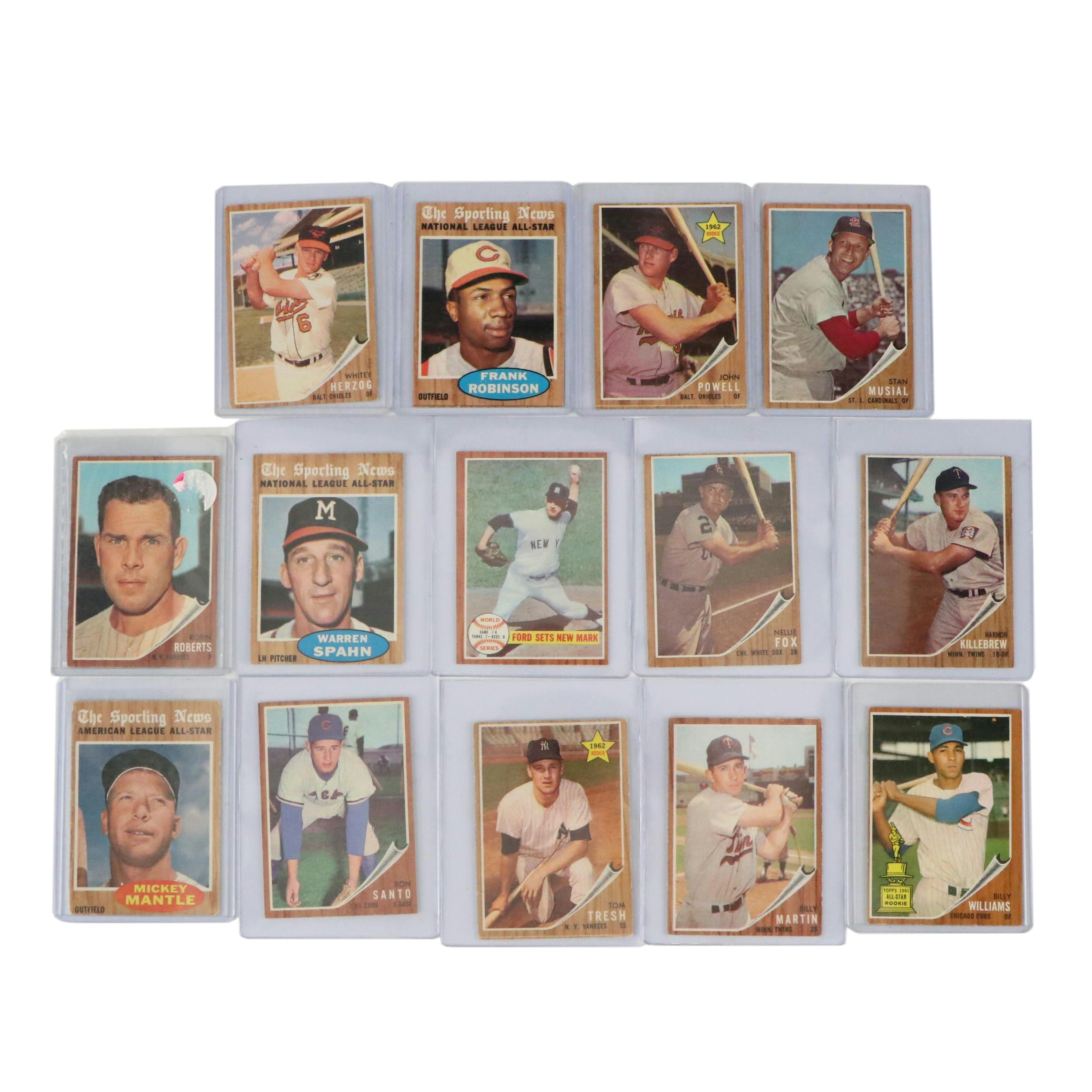 1962 Topps Baseball Cards Featuring Mickey Mantle, Frank Robinson, and More