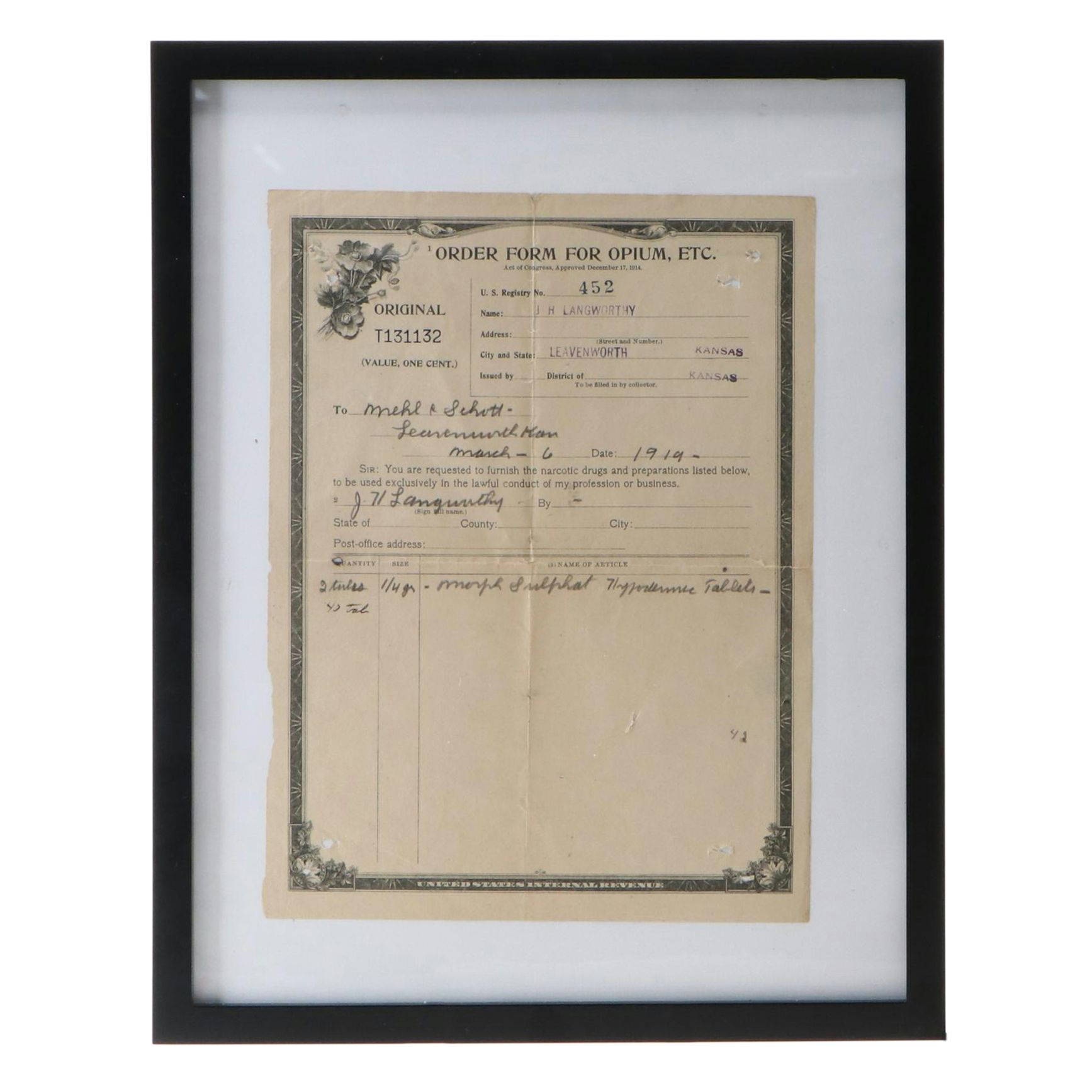 United States Internal Revenue Order Form for Morphine, 1919