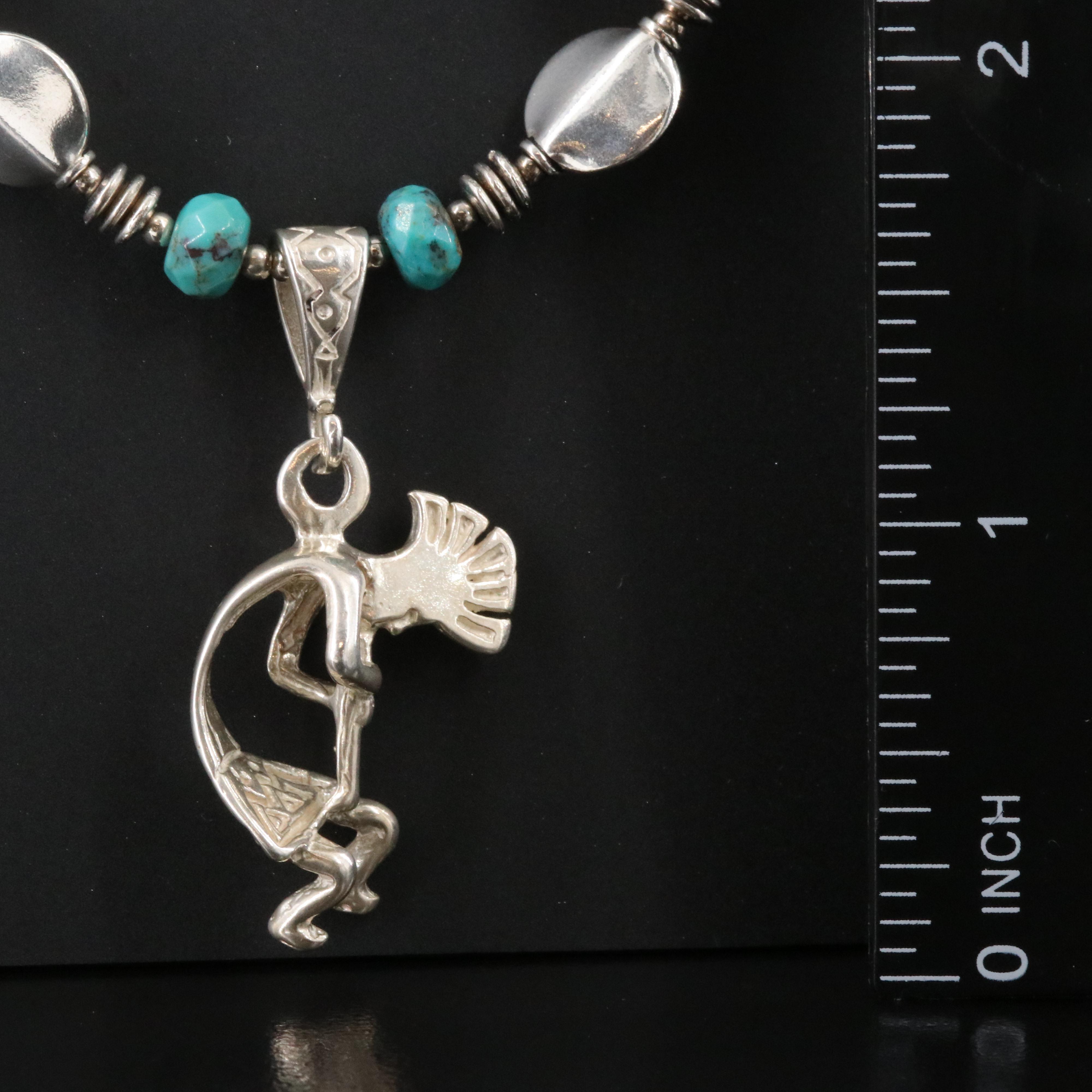 Western Sterling Turquoise Necklace with Kokopelli and Arrow Pendants
